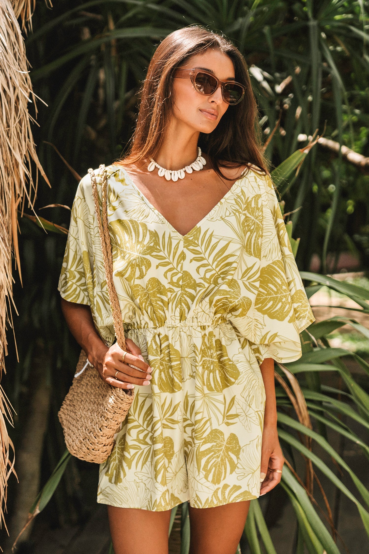 Tropical Leaf Print Bell Sleeve Romper