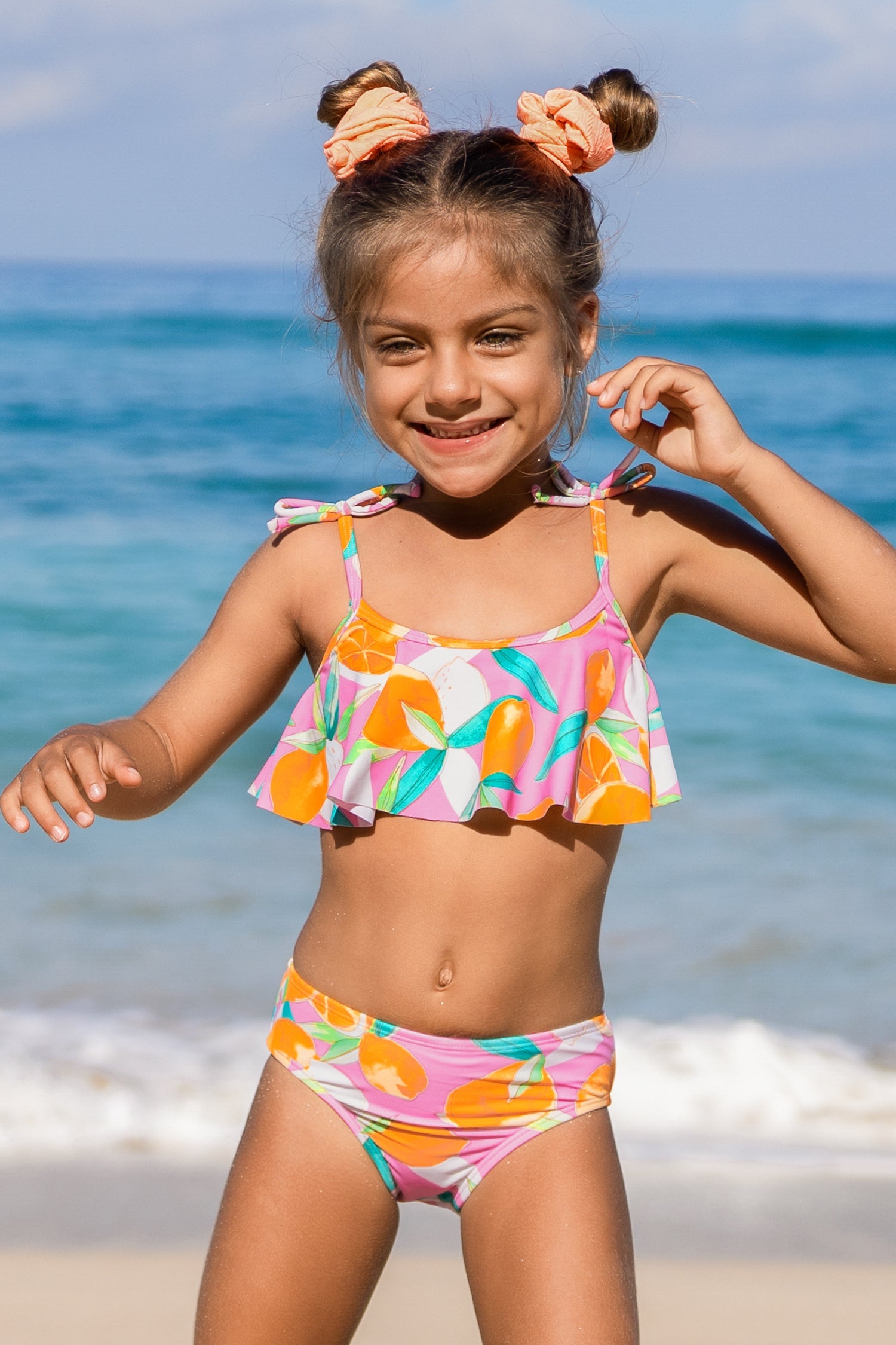 Girls Lemon Drops Tie Strap Top & Mid Rise Hipster Bikini Set