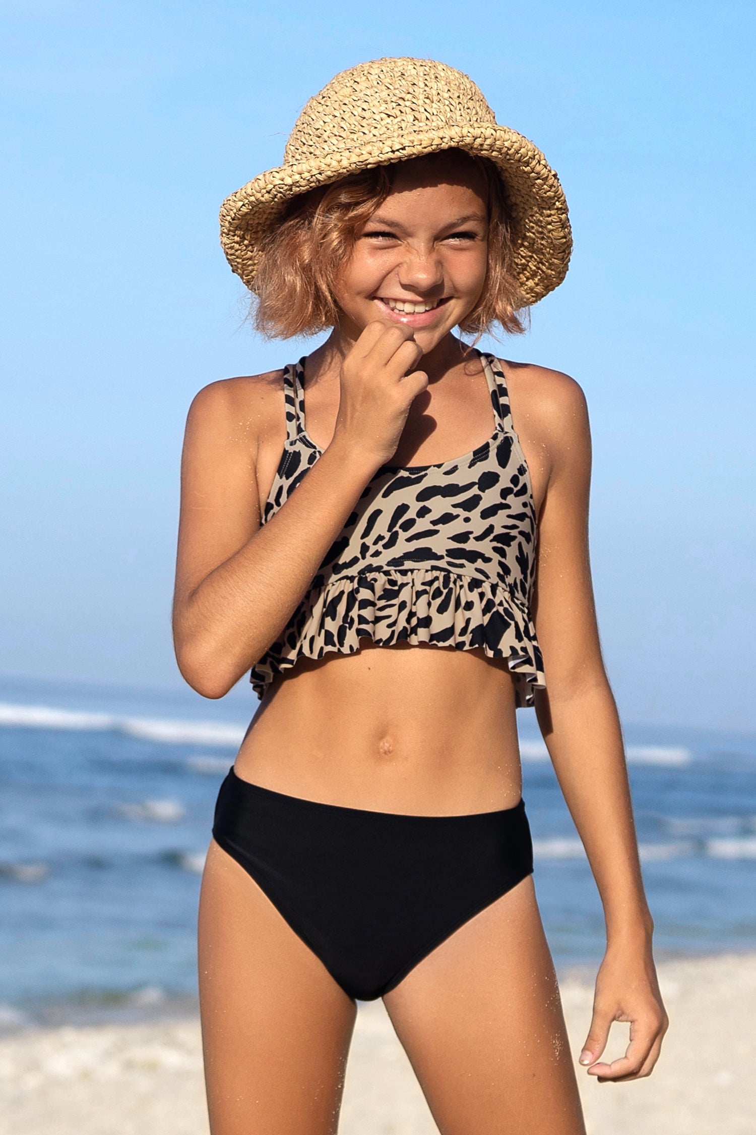 Girls Cross Back Ruffled Top & Mid Rise Hipster Black Bikini Set