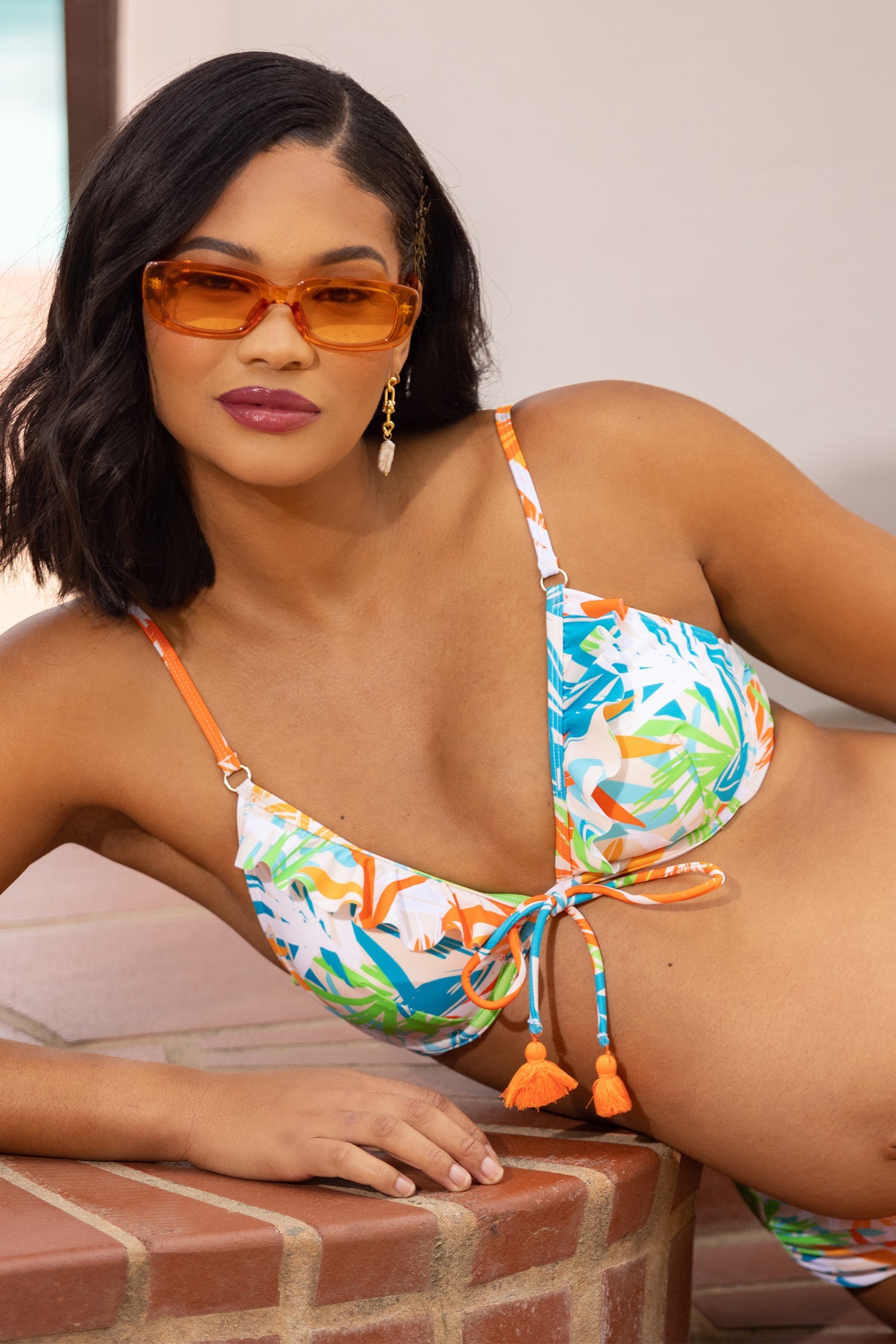 Abstract Tropical Leaf Tassel Underwire Top & Mid Rise Bikini Set
