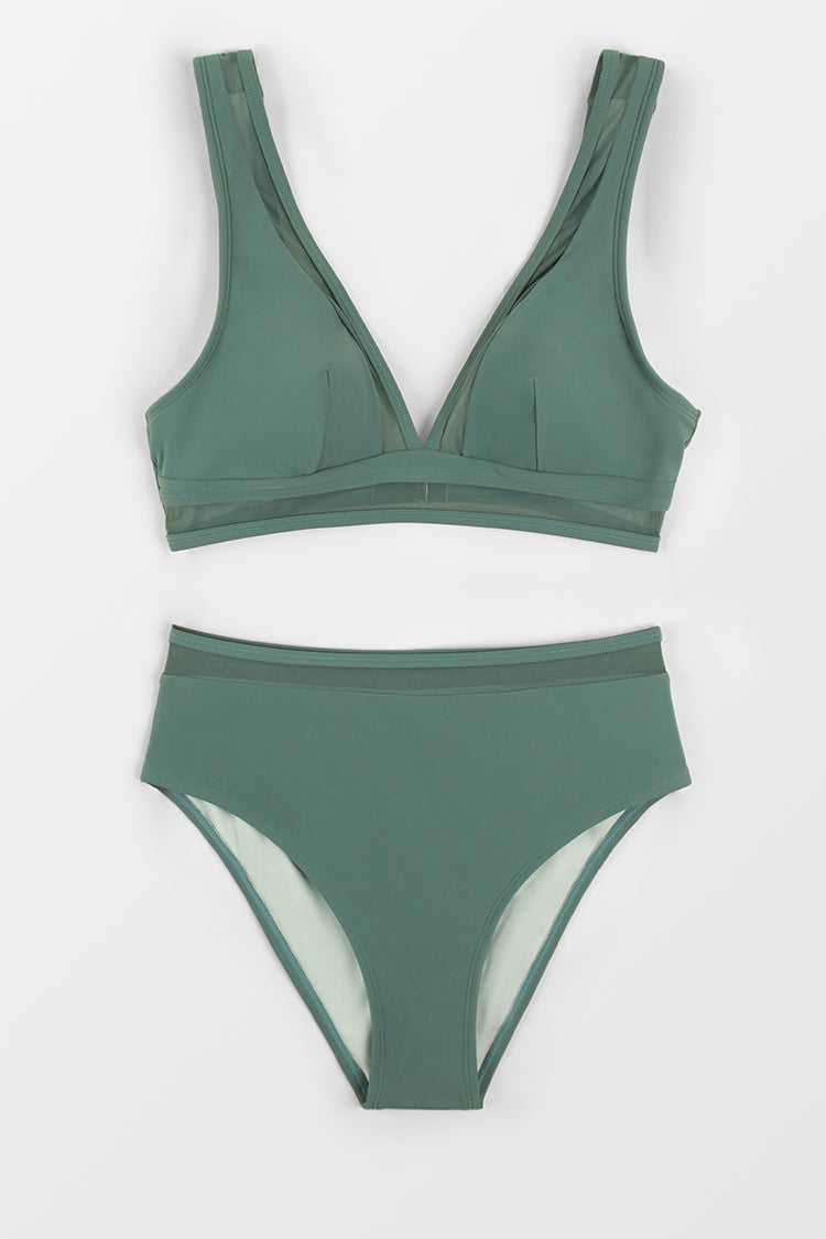 Deep V Neck Mid Waisted Backless Bikini Set