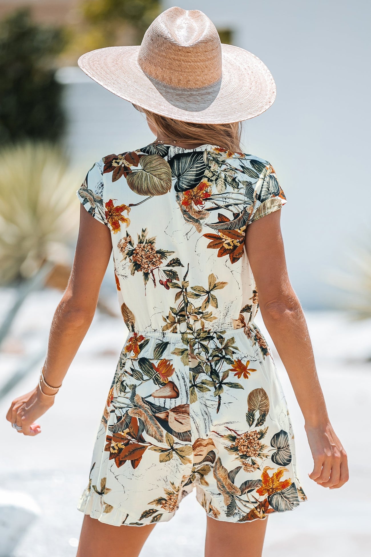Tropical Leaf Print Knotted Front Romper