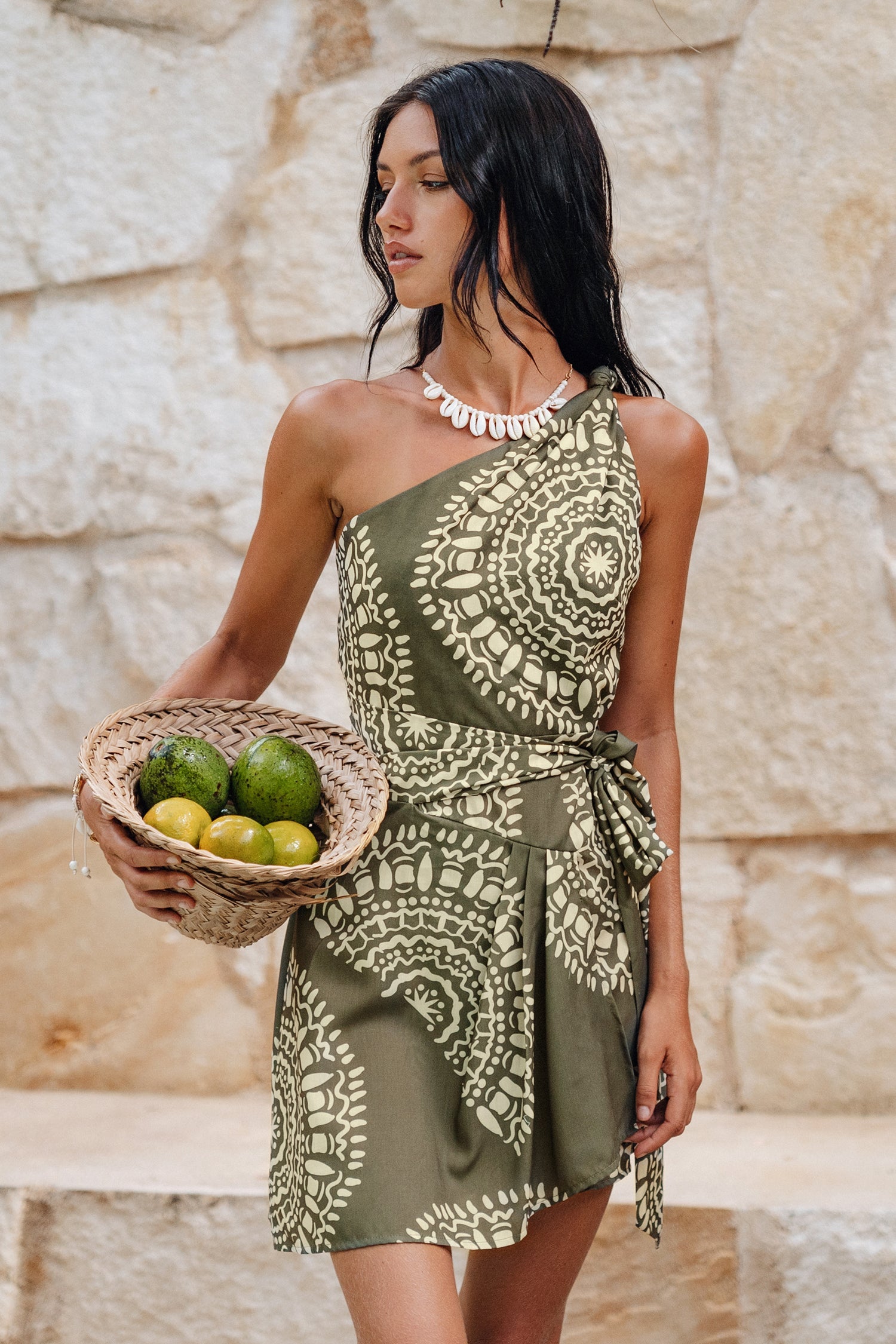 Ornate Print One Shoulder Tie Side Dress