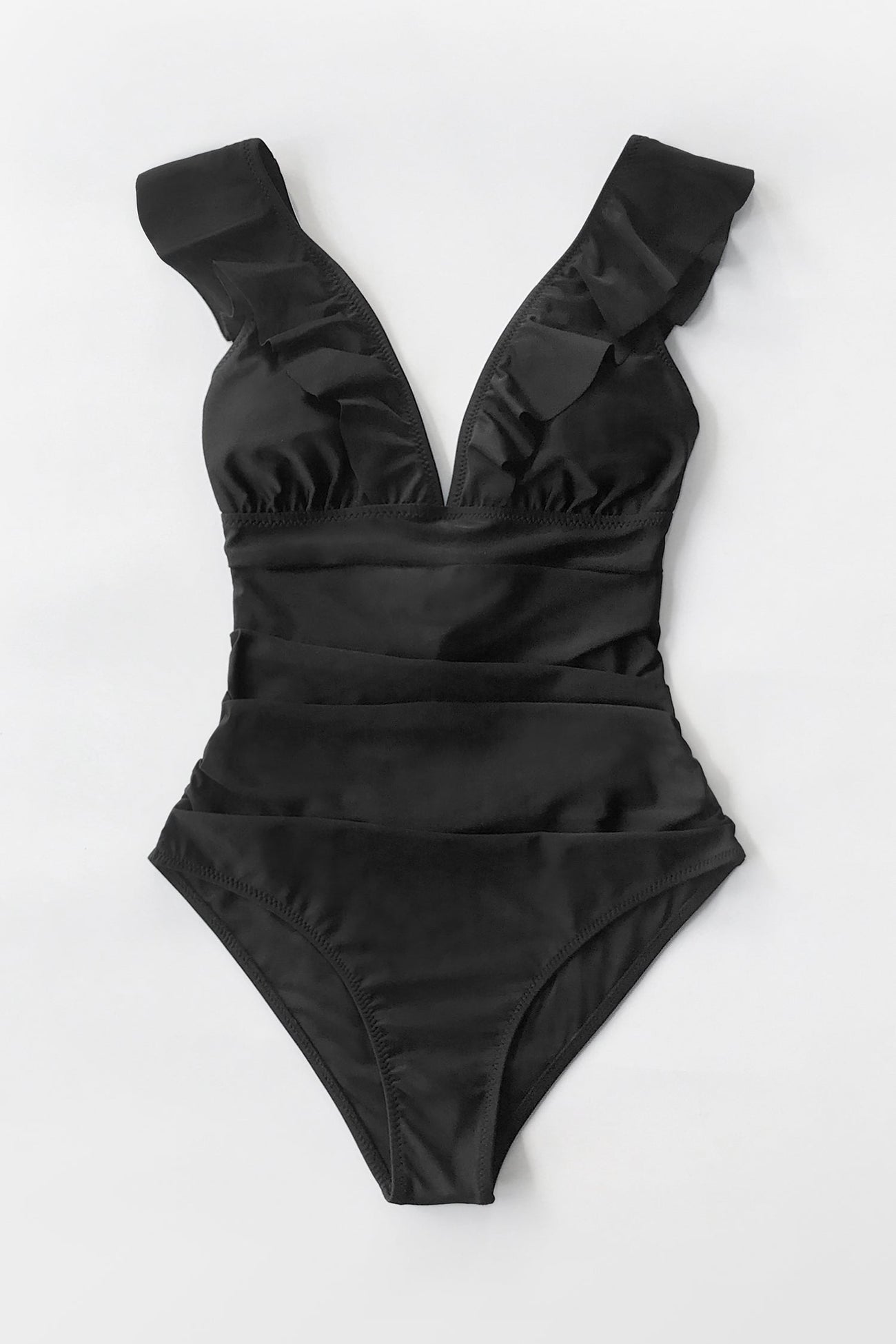 Summer Seaside Ruffled Ruched Plunge Gathered Black One Piece