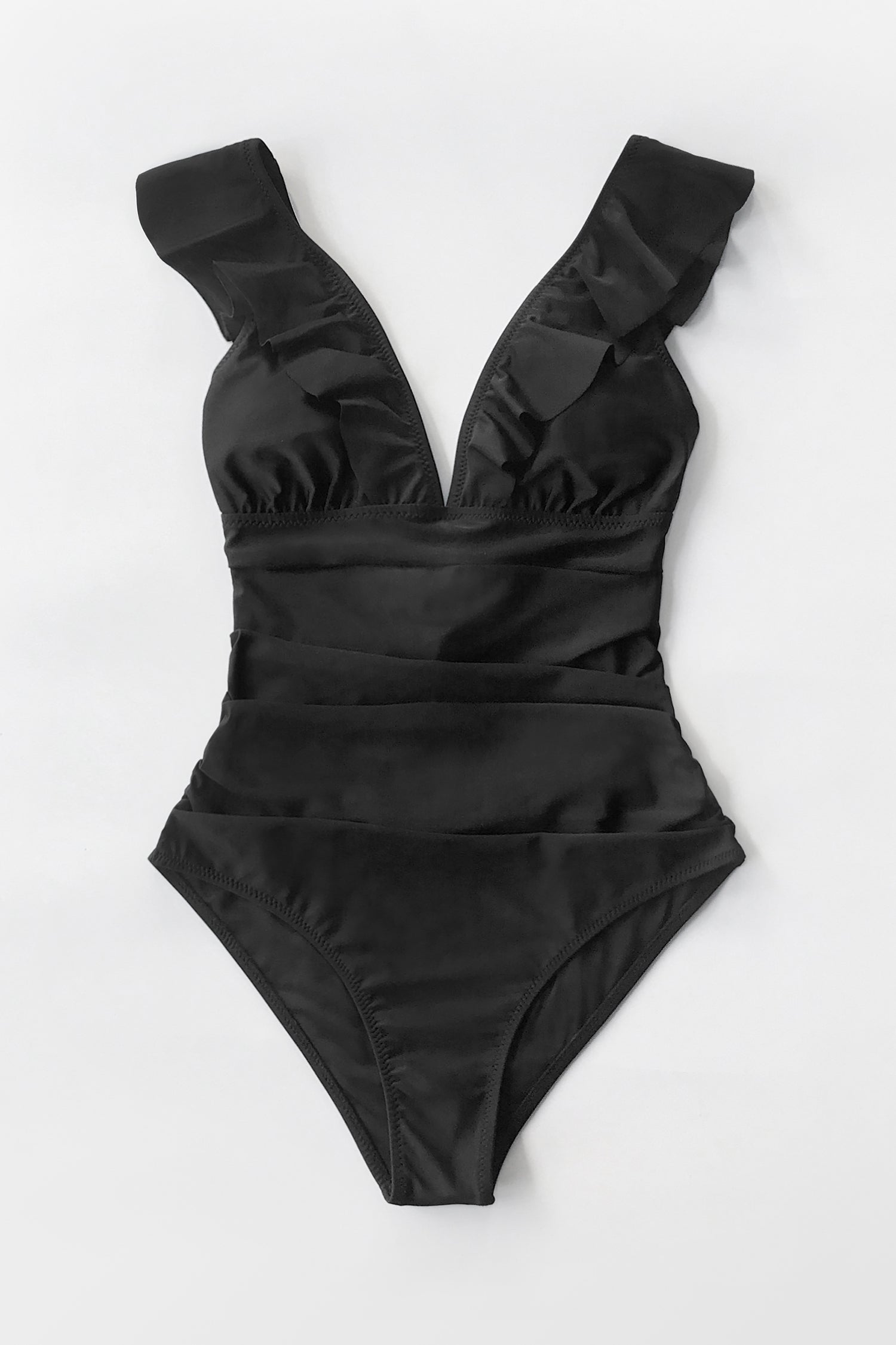 Summer Seaside Ruffled Ruched Plunge Gathered Black One Piece