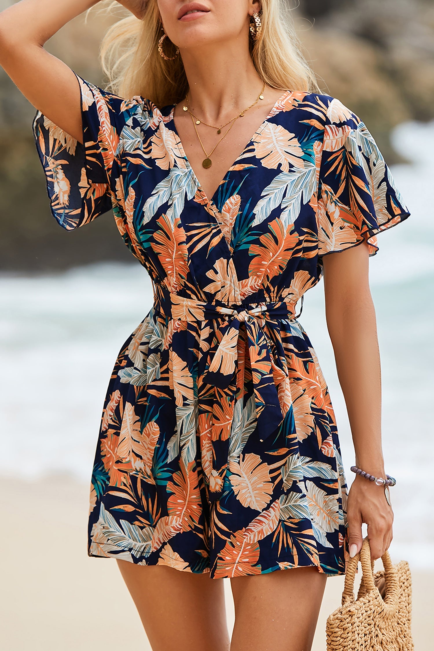 Tropical Leaf Print Belted Romper