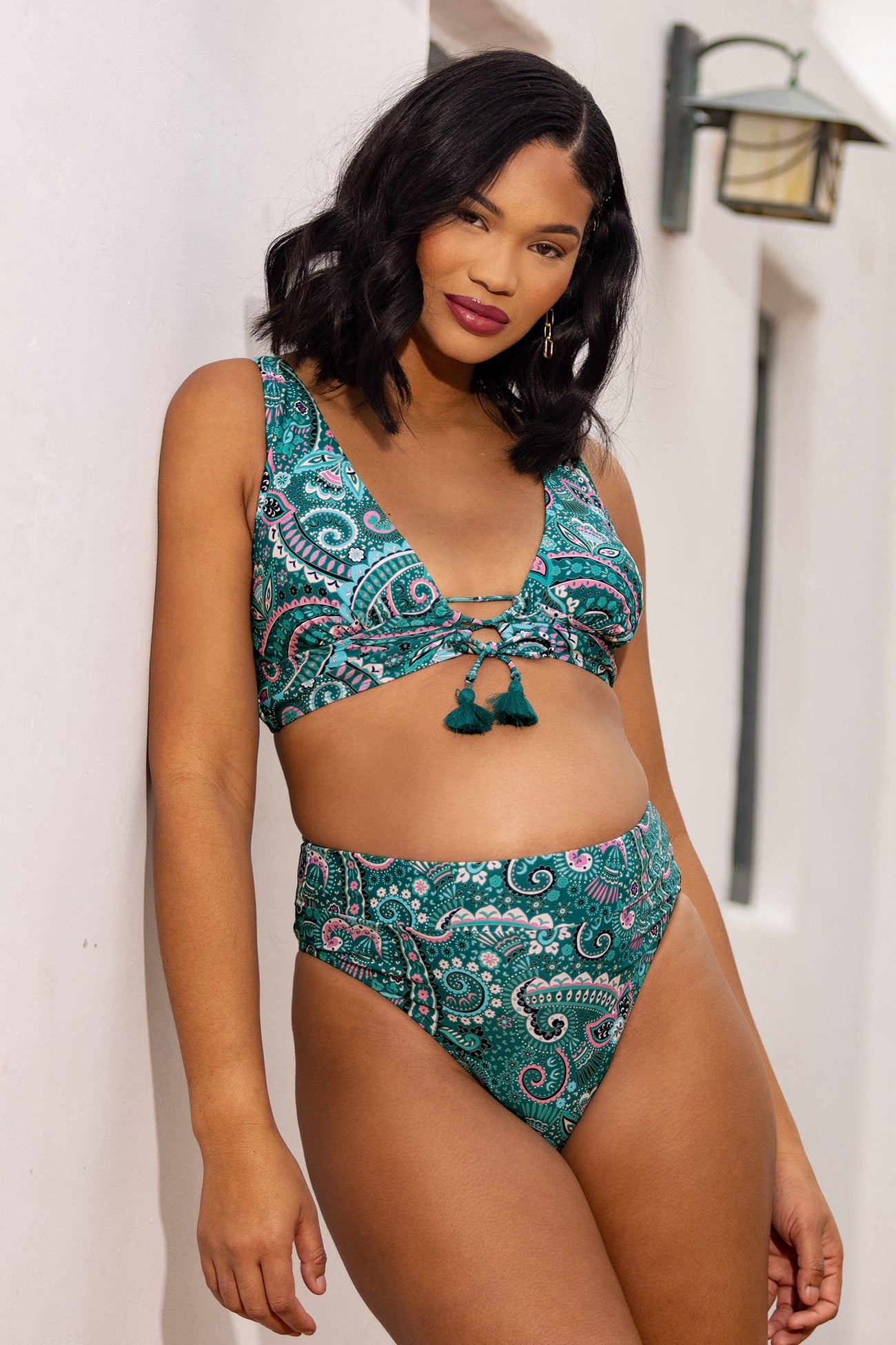 Spring Paisley Fringe Front Top & Banded High Waist Bikini Set