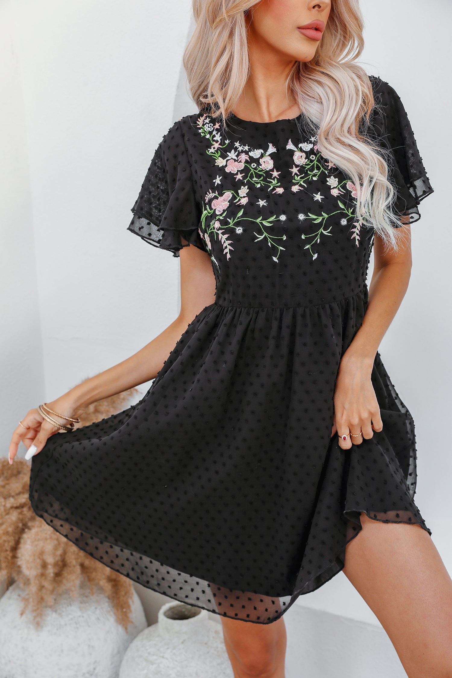 Freedom Beach Embroidered Floral Clip Dot Dress