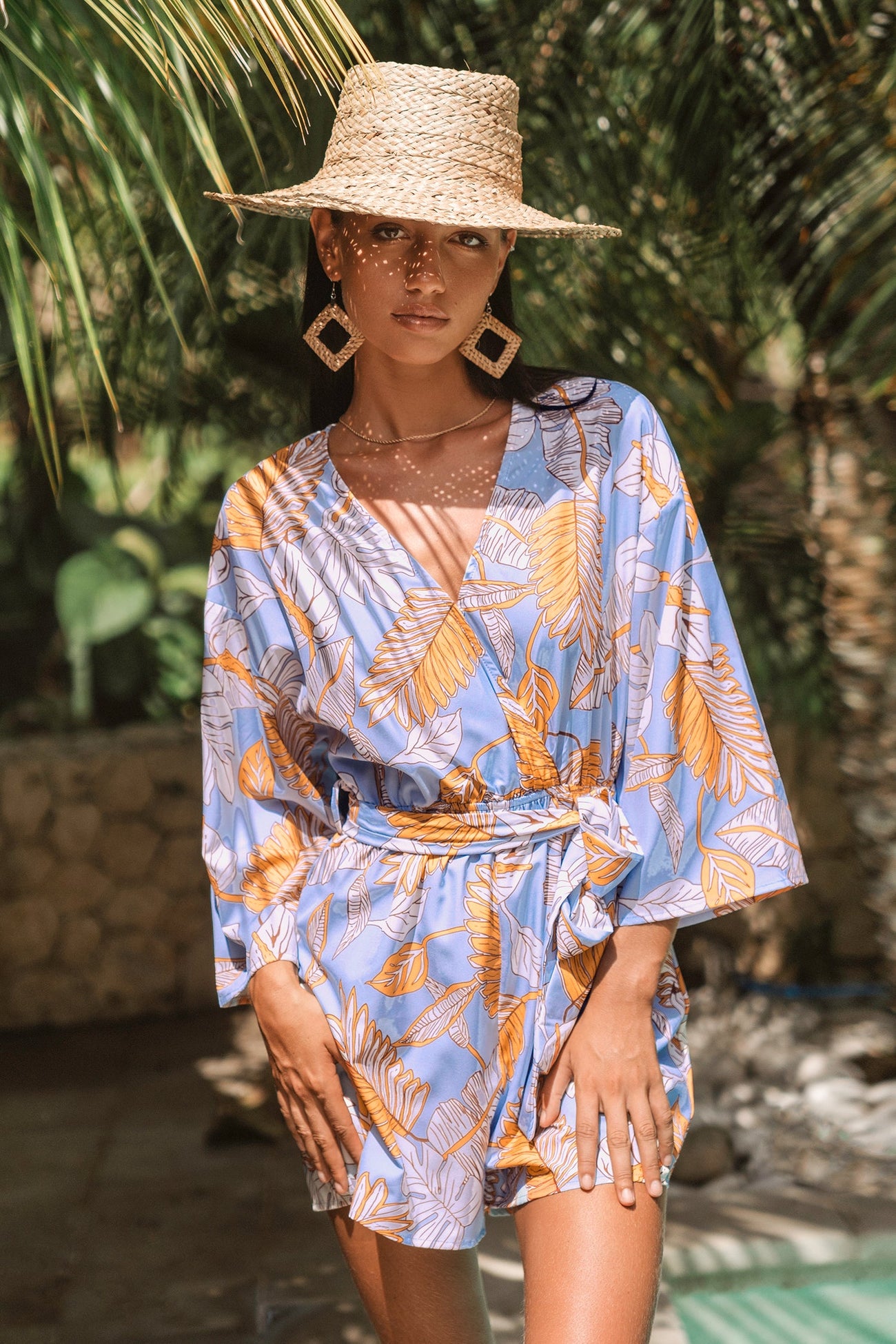 Belted Tropical Palms Romper