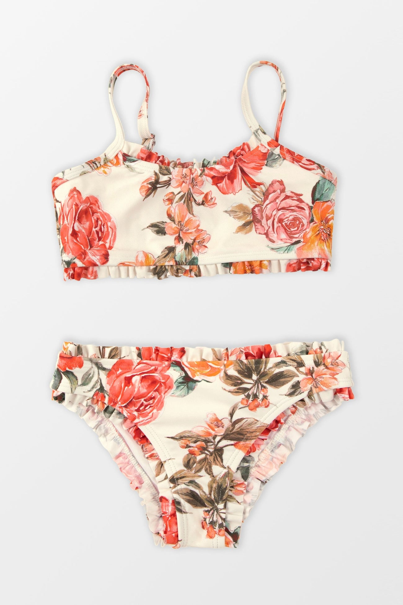Girls Elegant Rose Ruffled Top & Mid Rise Bikini Set