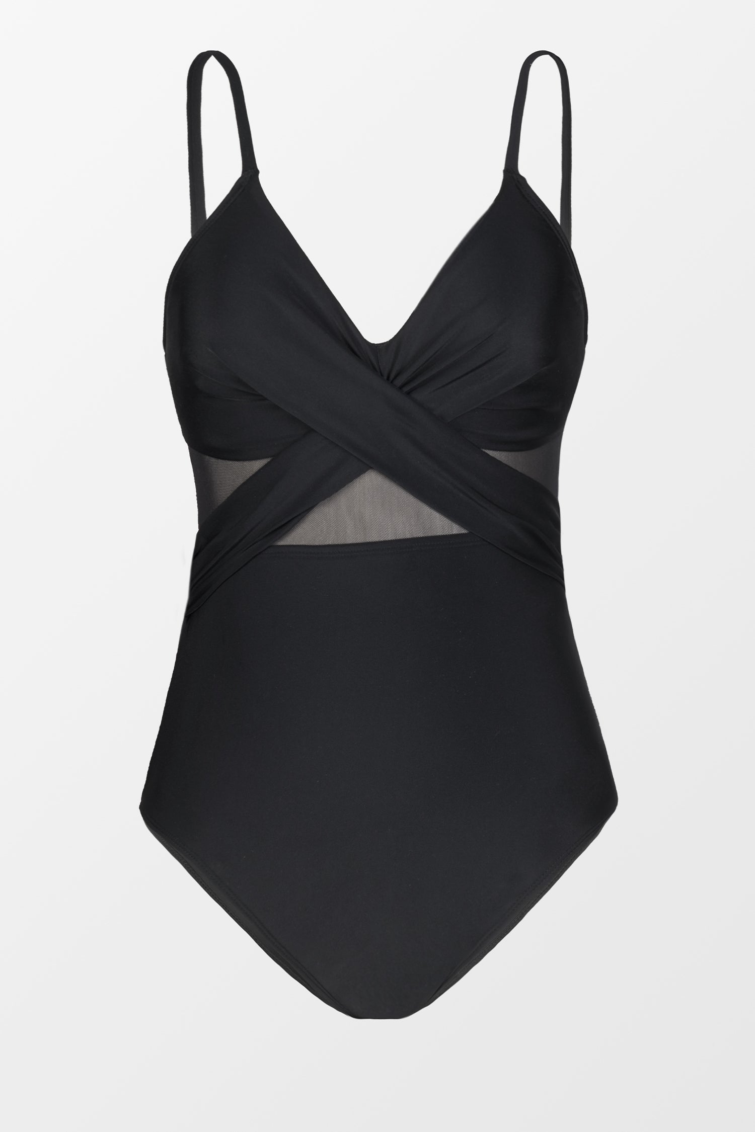 Forest Adventure Solid Mesh Wrap Front Cutout Black One Piece Swimsuit