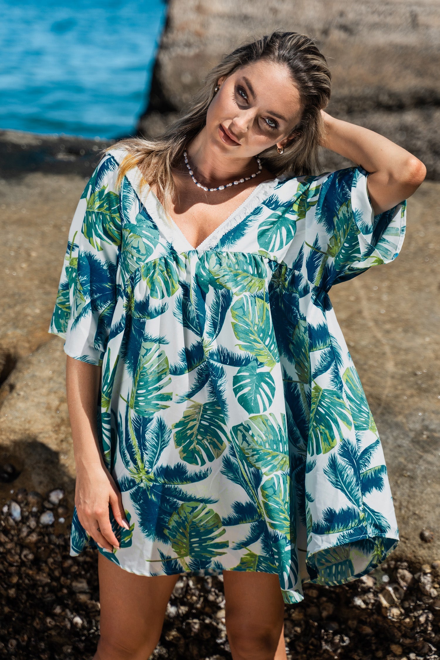 Tropical Leaf Print V-neck Cover-Up Dress
