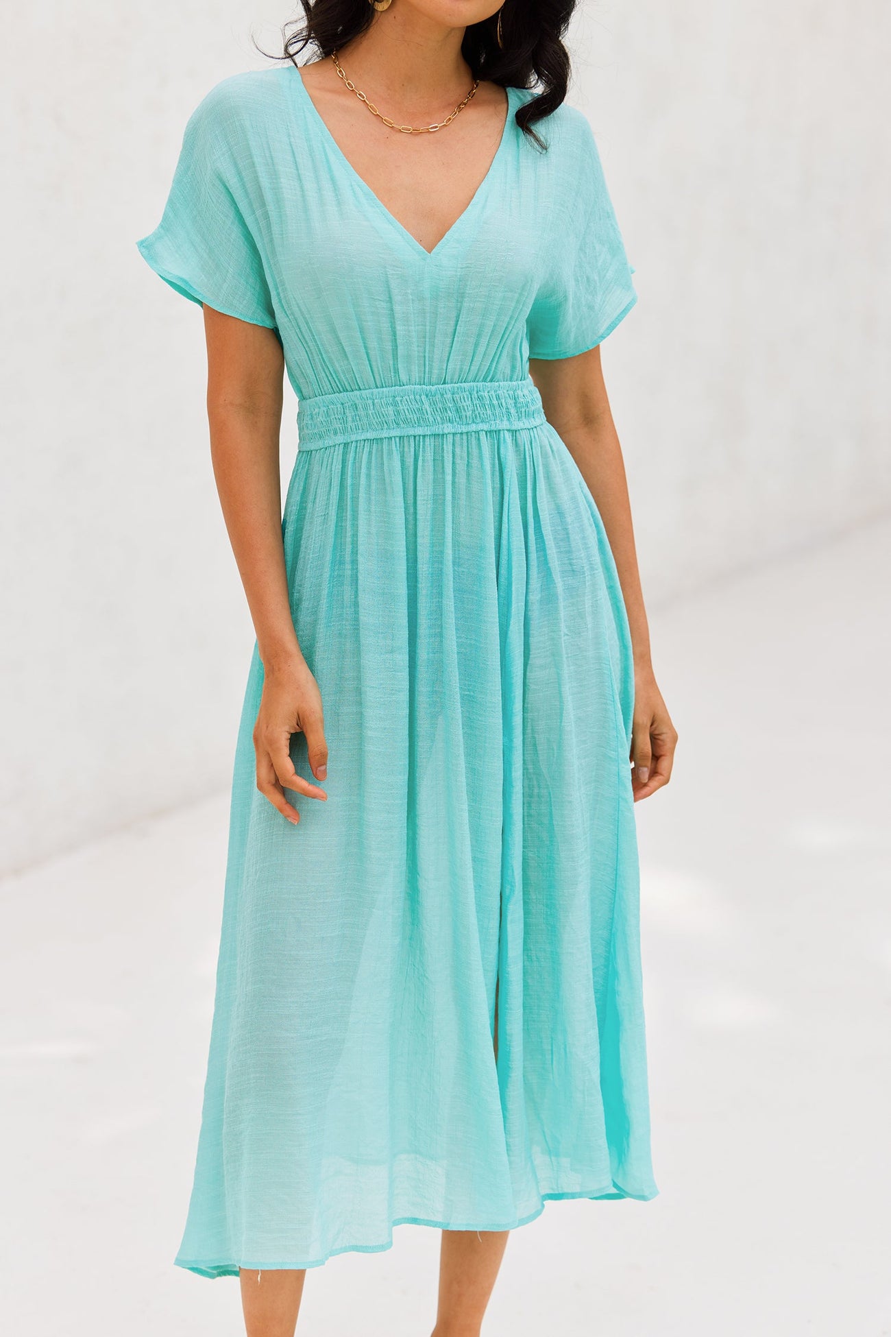 Seafoam Plunging Smocked Cover-Up Maxi Dress