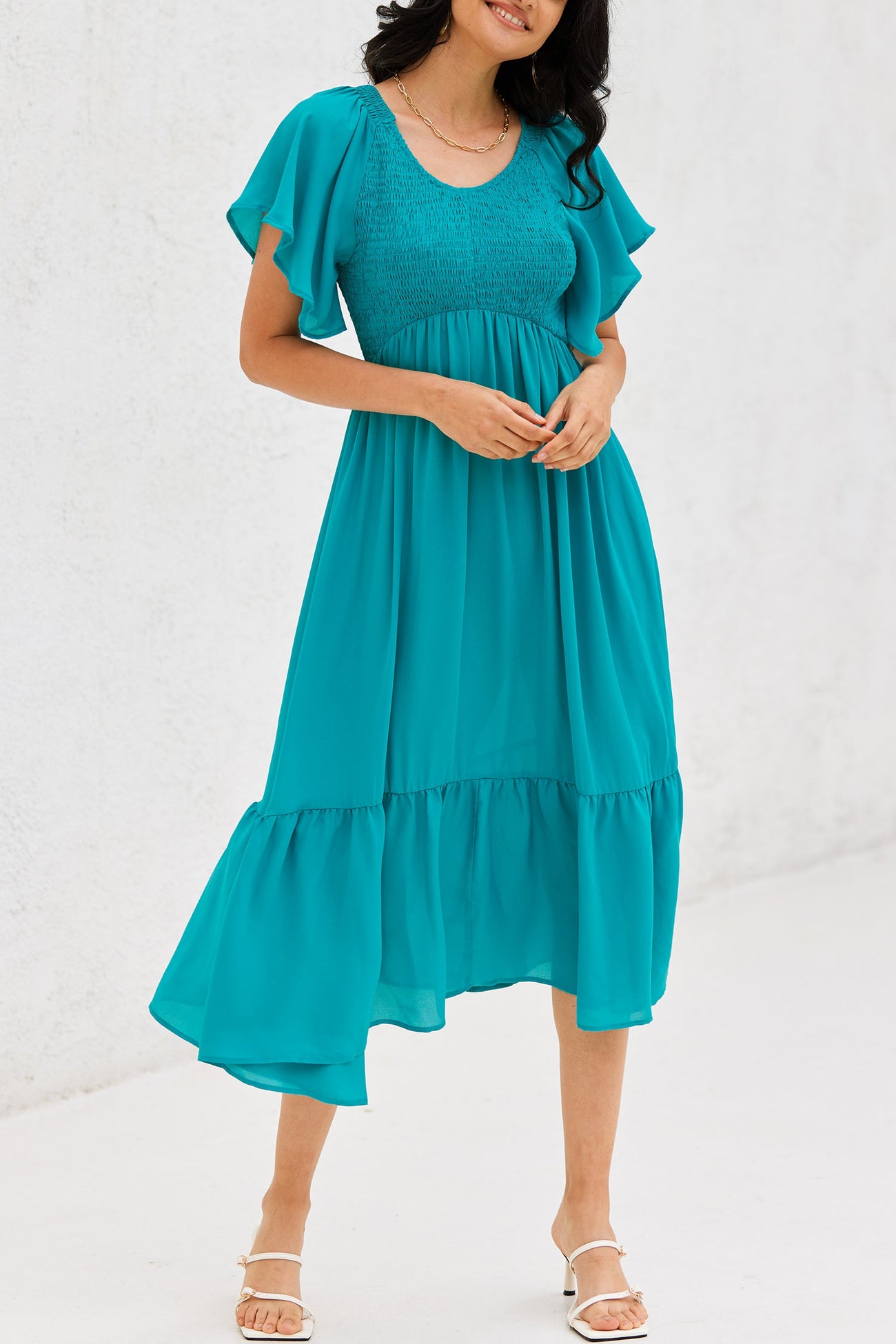 Ocean Blue Smocked Ruffled Dress