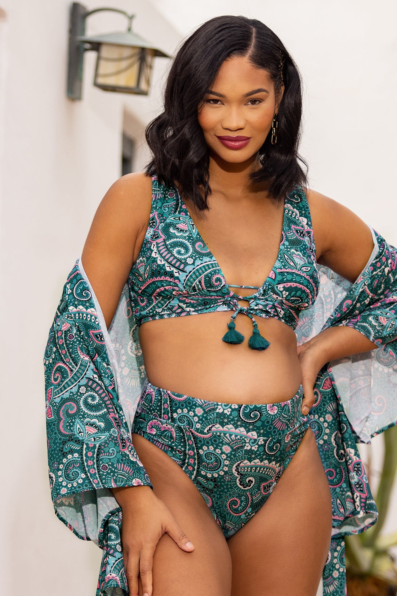 Spring Paisley Fringe Front Top & Banded High Waist Bikini Set