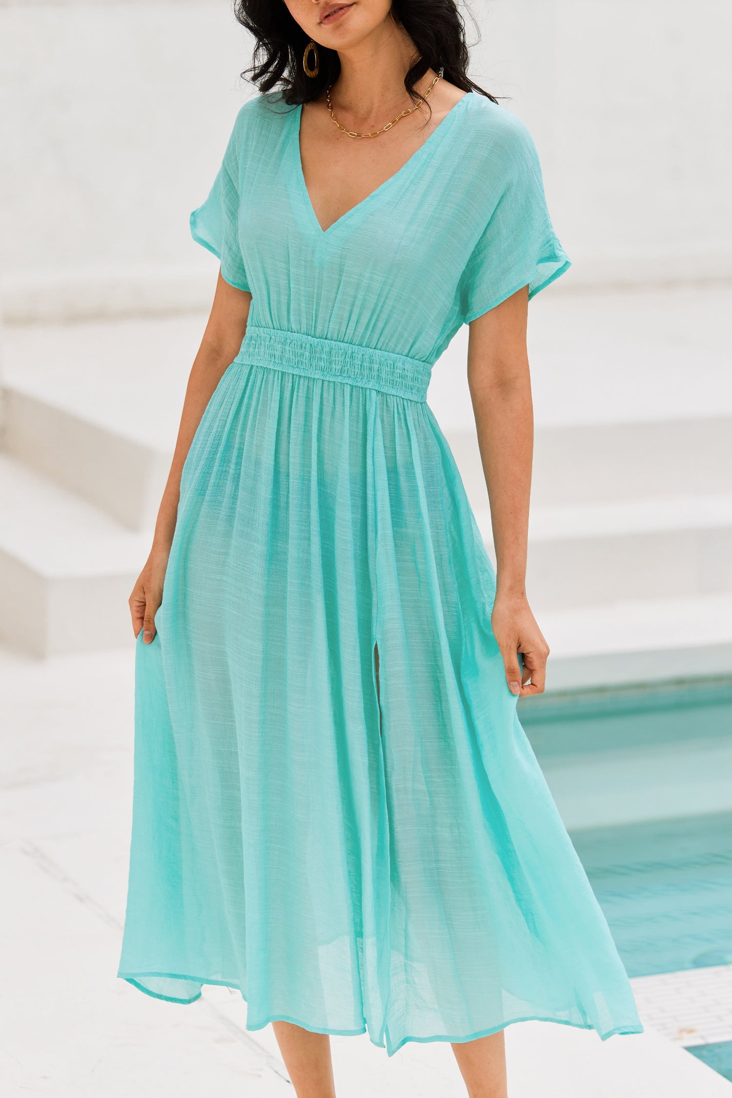 Seafoam Plunging Smocked Cover-Up Maxi Dress