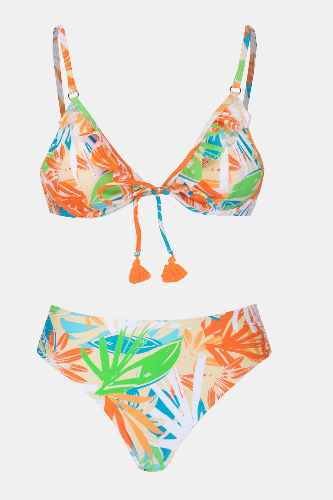 Abstract Tropical Leaf Tassel Underwire Top & Mid Rise Bikini Set