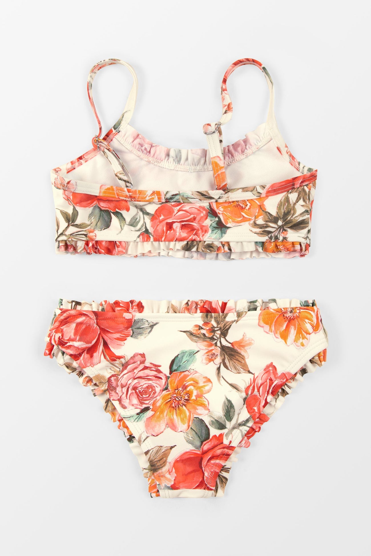 Girls Elegant Rose Ruffled Top & Mid Rise Bikini Set