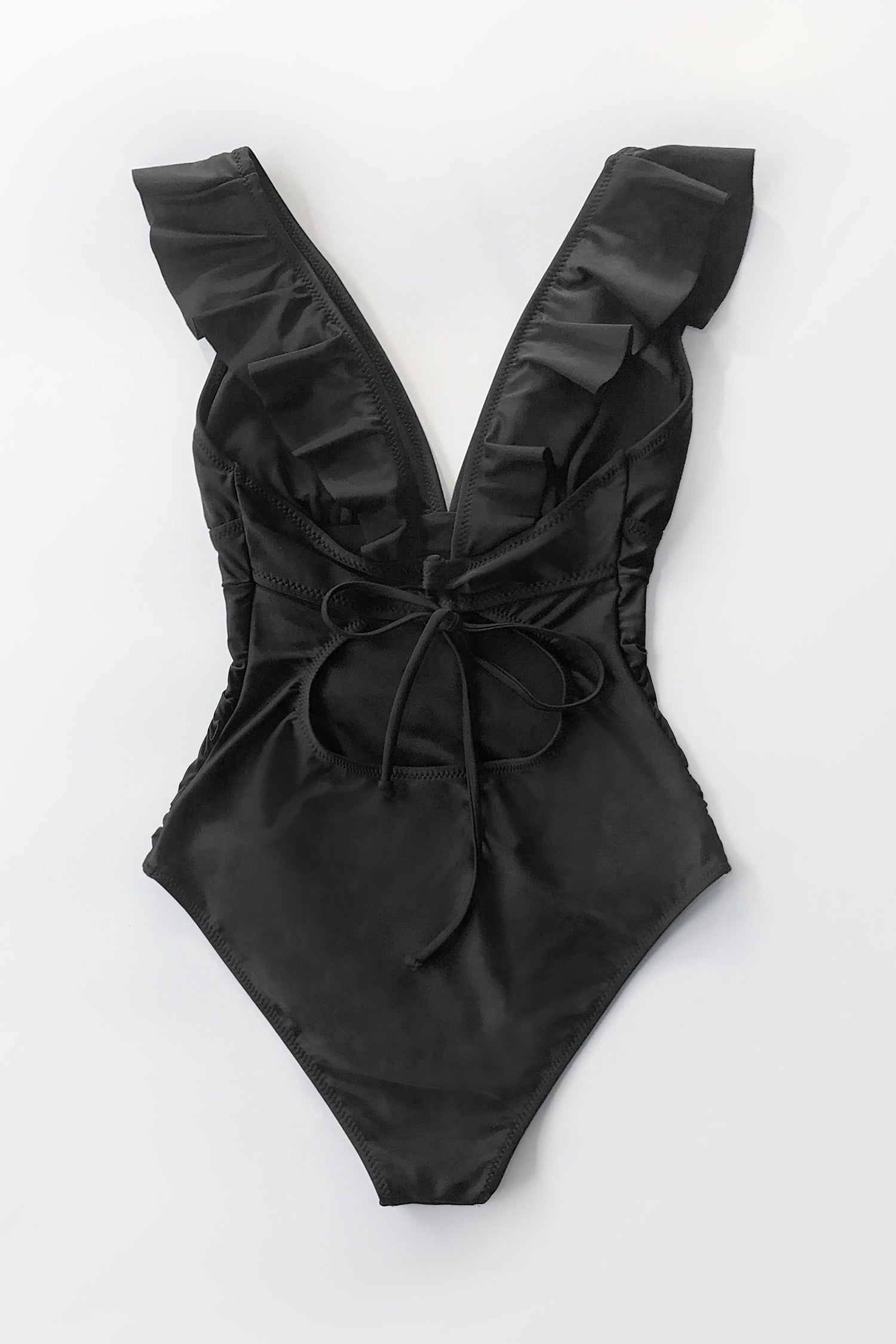 Summer Seaside Ruffled Ruched Plunge Gathered Black One Piece