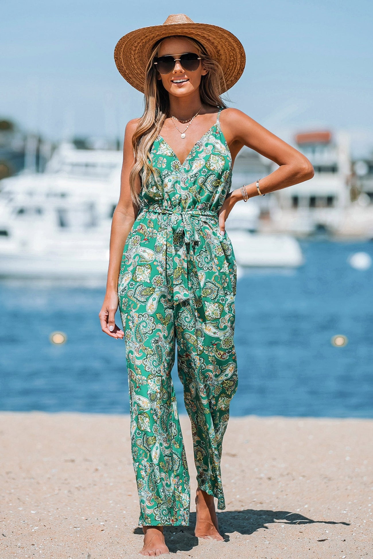 Belted Paisley Print Cami Jumpsuit