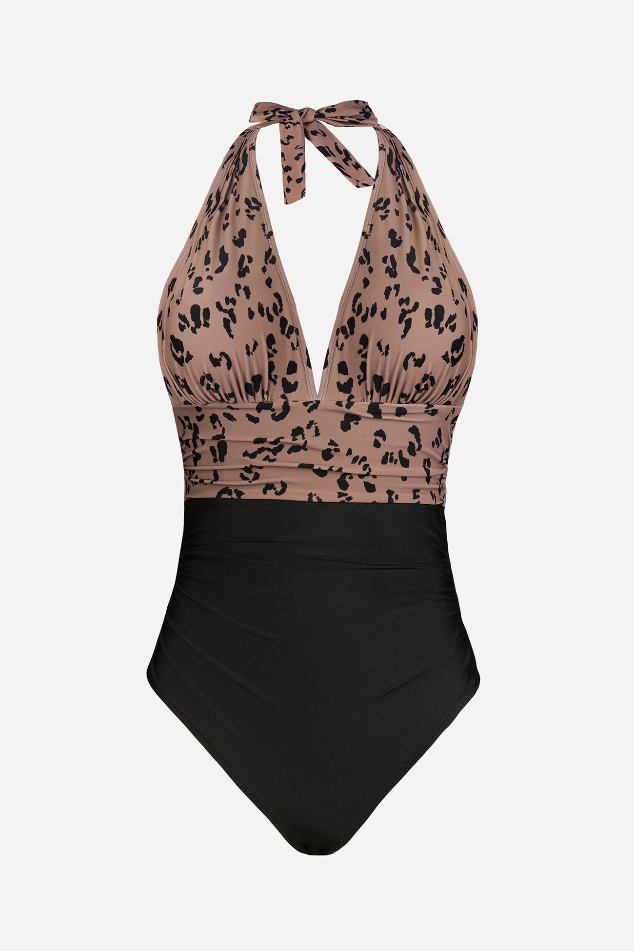 Cheetah Plunge Halter Shirred One Piece Swimsuit