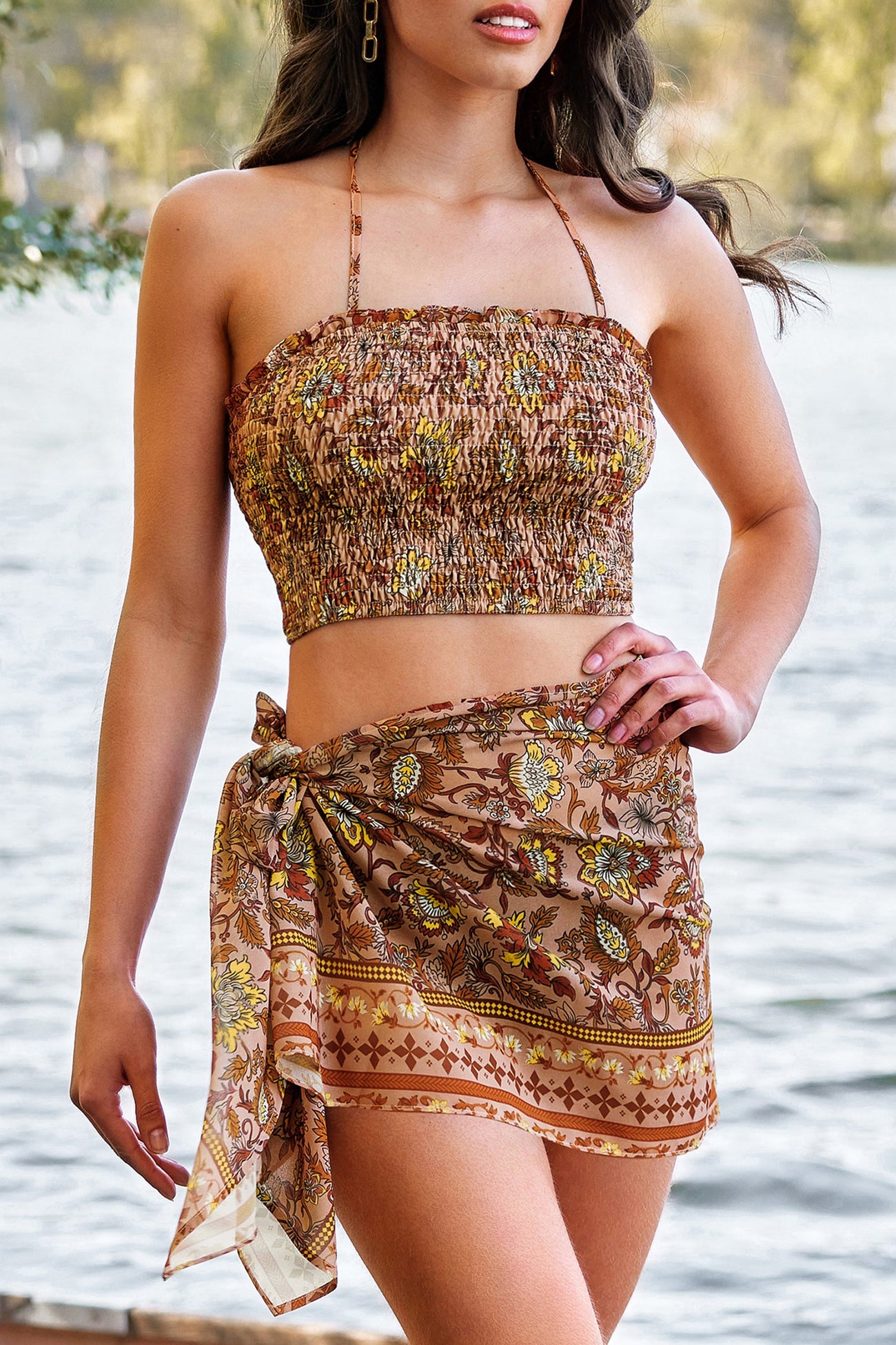 Vacation Paisley Print Smocked Crop Top & Sarong Set