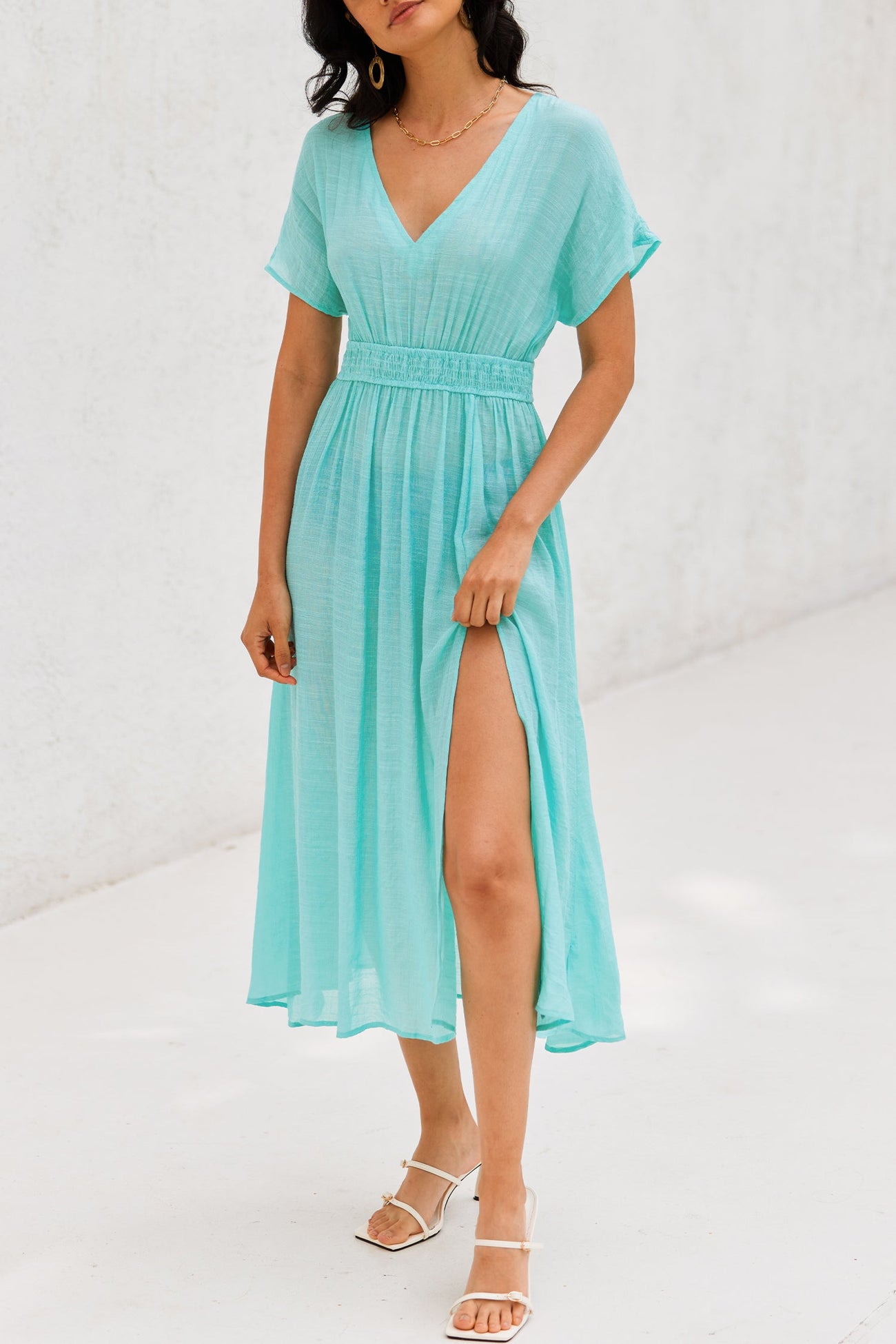 Seafoam Plunging Smocked Cover-Up Maxi Dress