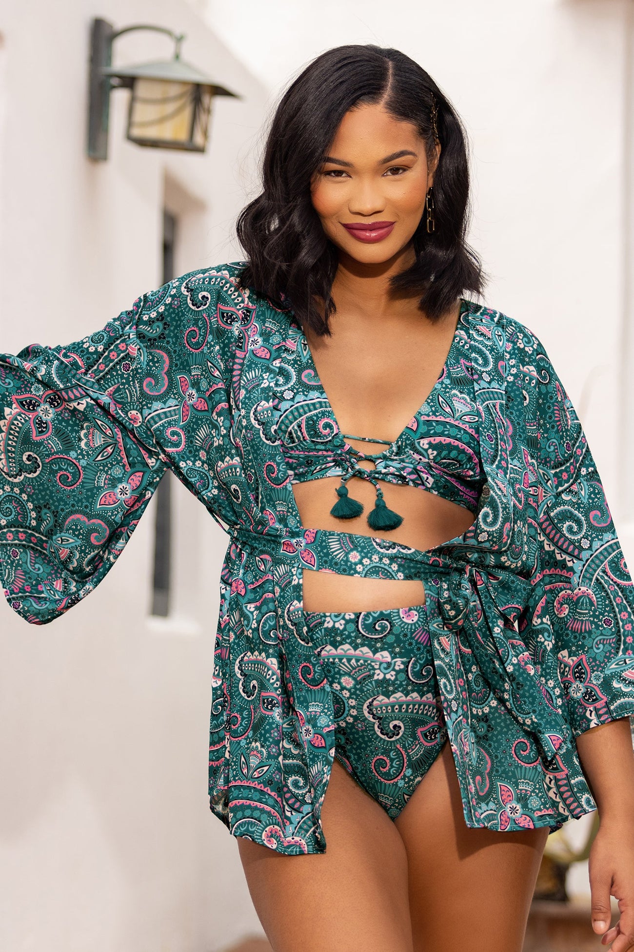 Spring Paisley Fringe Front Top & Banded High Waist Bikini Set
