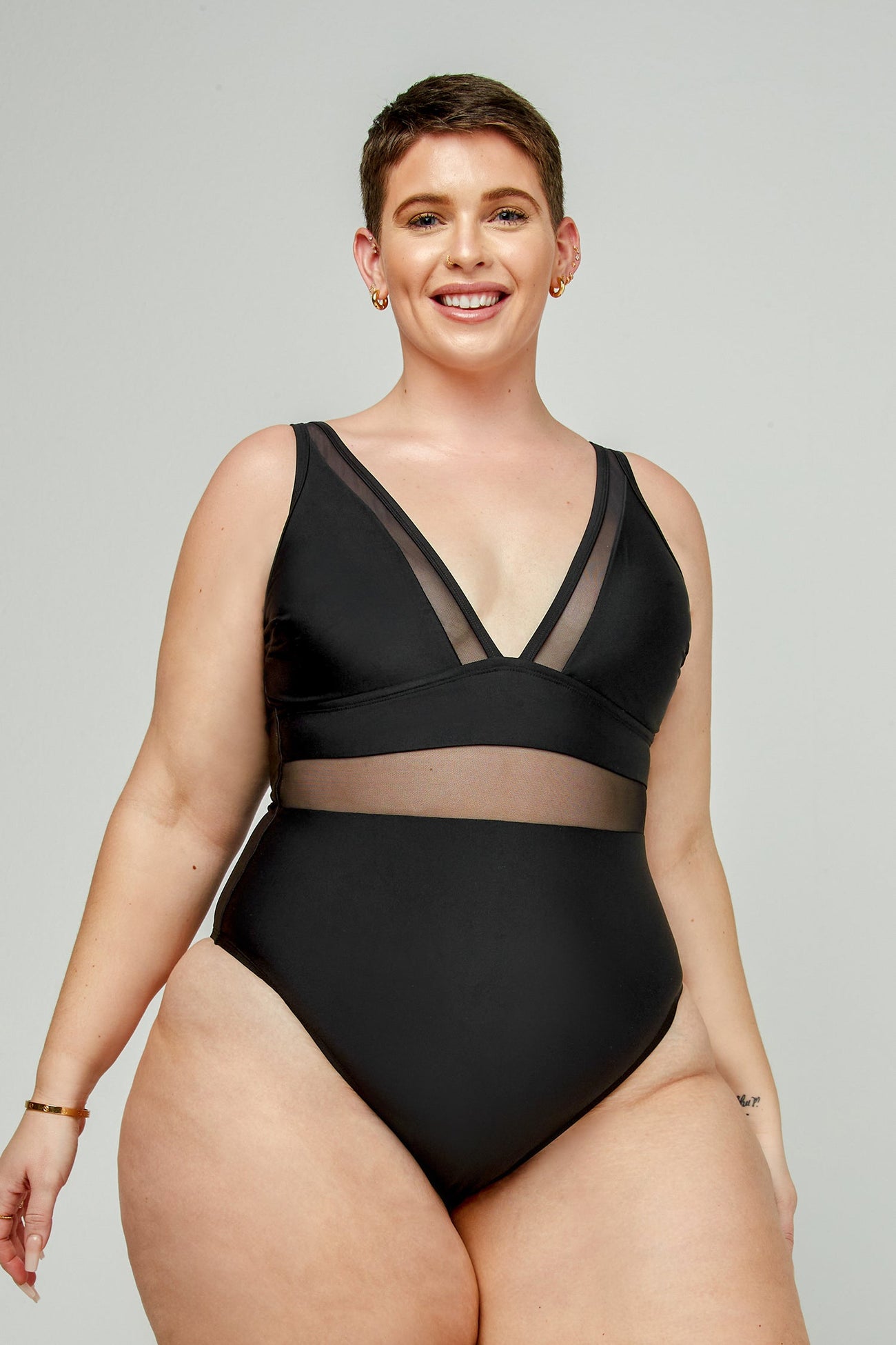 Omniscient Solid Mesh Panel Tummy Control Black Plus Size One Piece