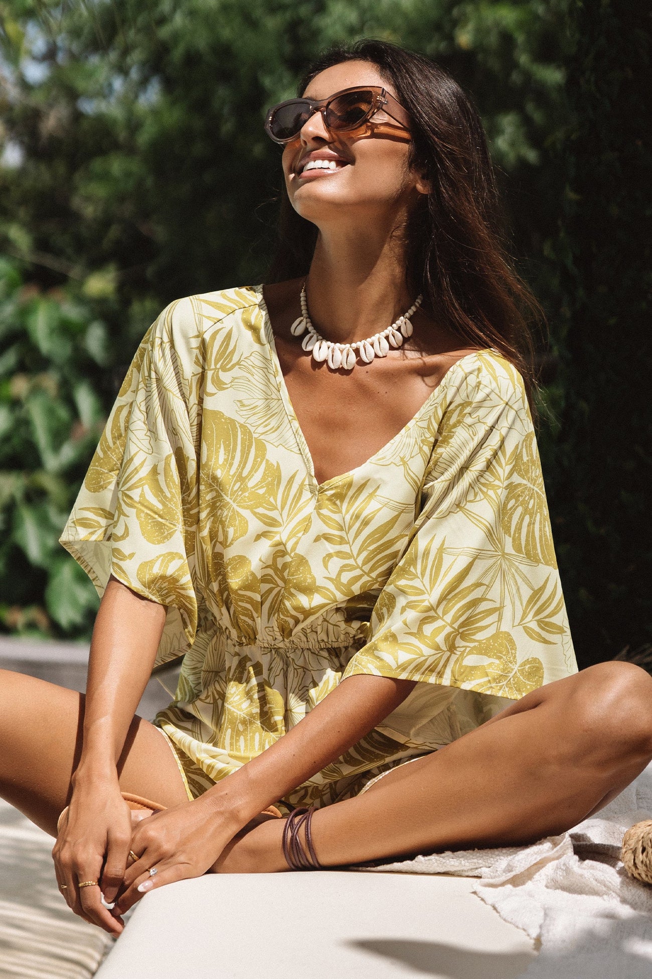 Tropical Leaf Print Bell Sleeve Romper