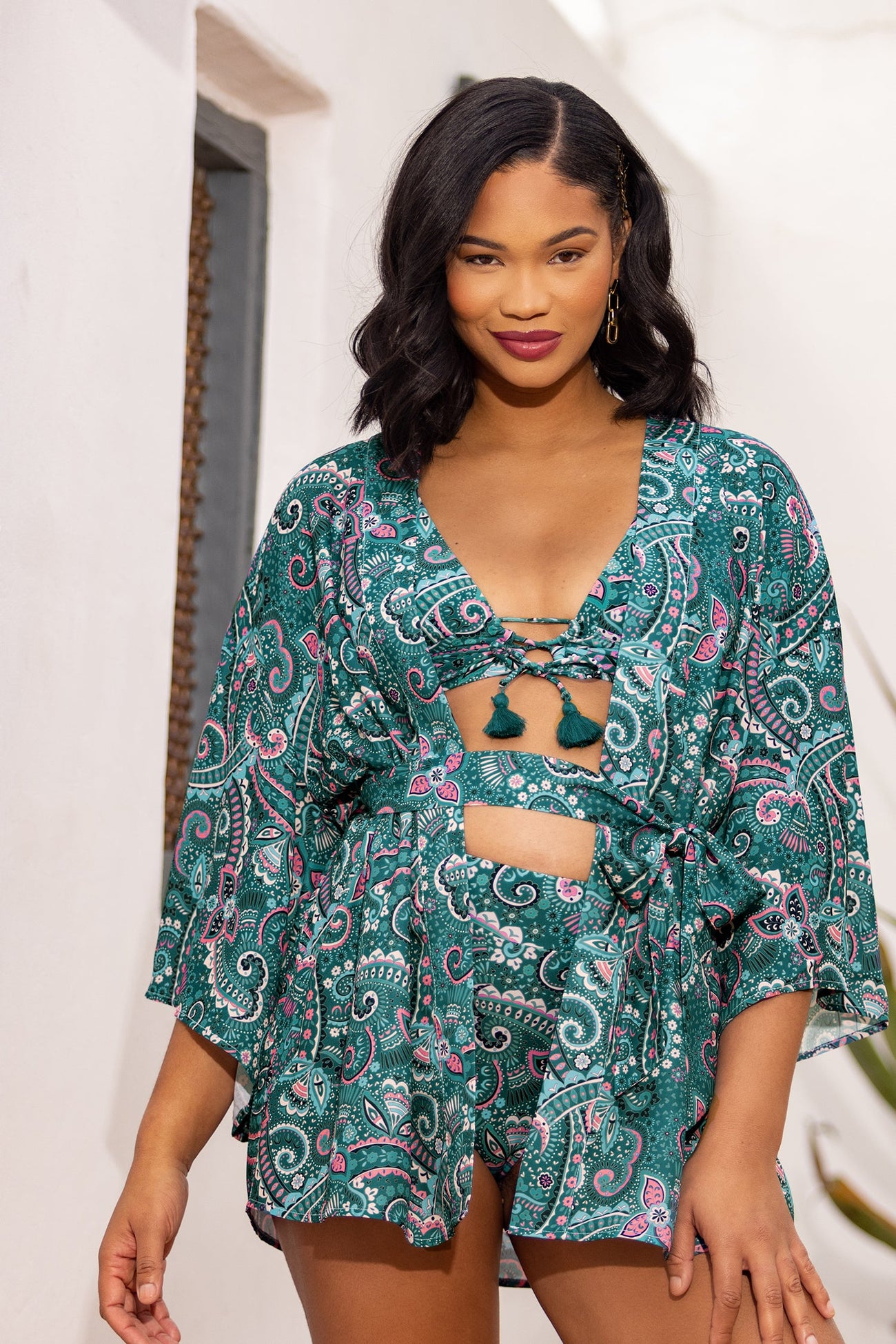 Spring Paisley Fringe Front Top & Banded High Waist Bikini Set