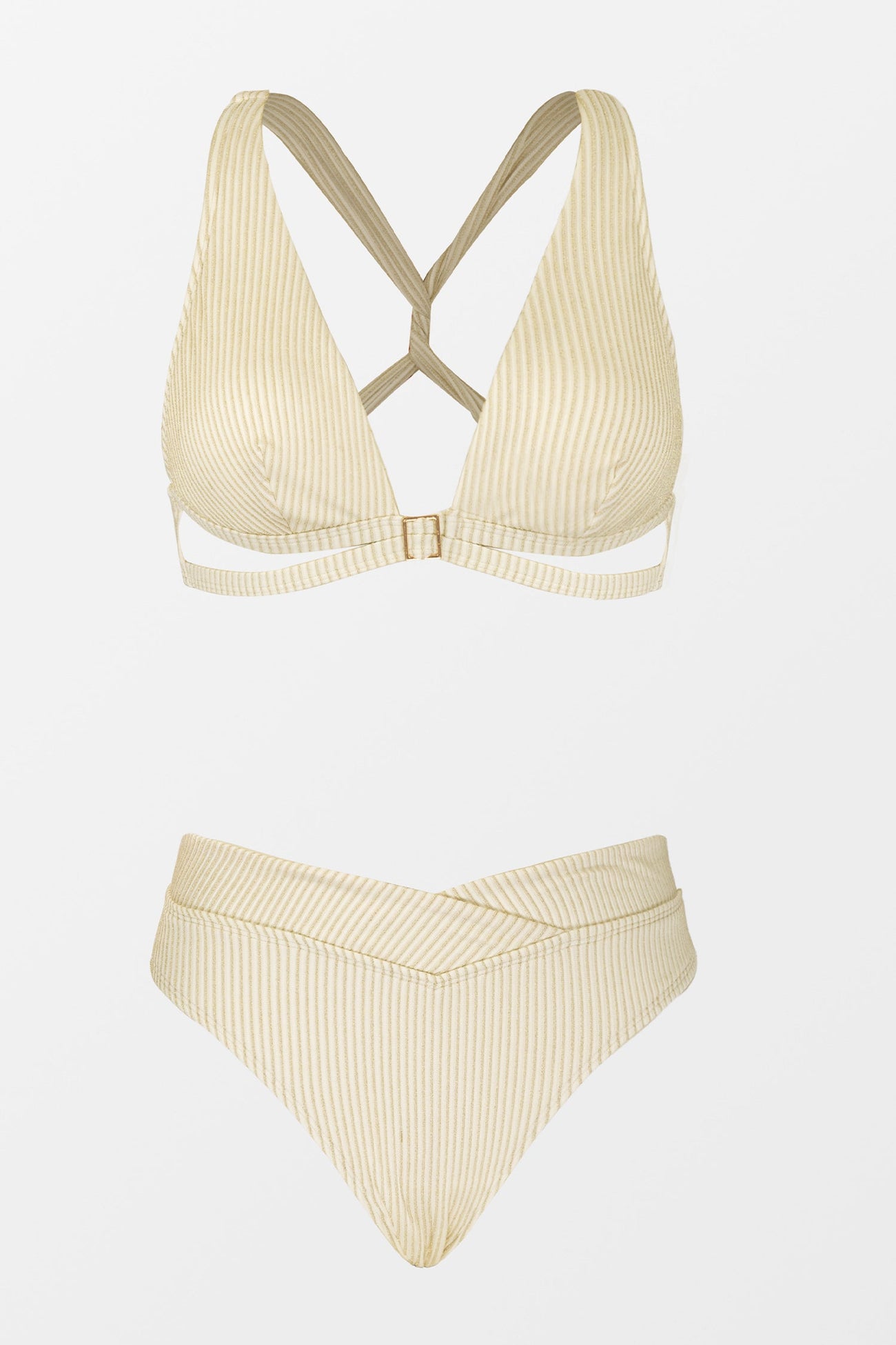 Oatmeal Lurex Wrap Back Tie Top & Overlap High Waist Bikini Set
