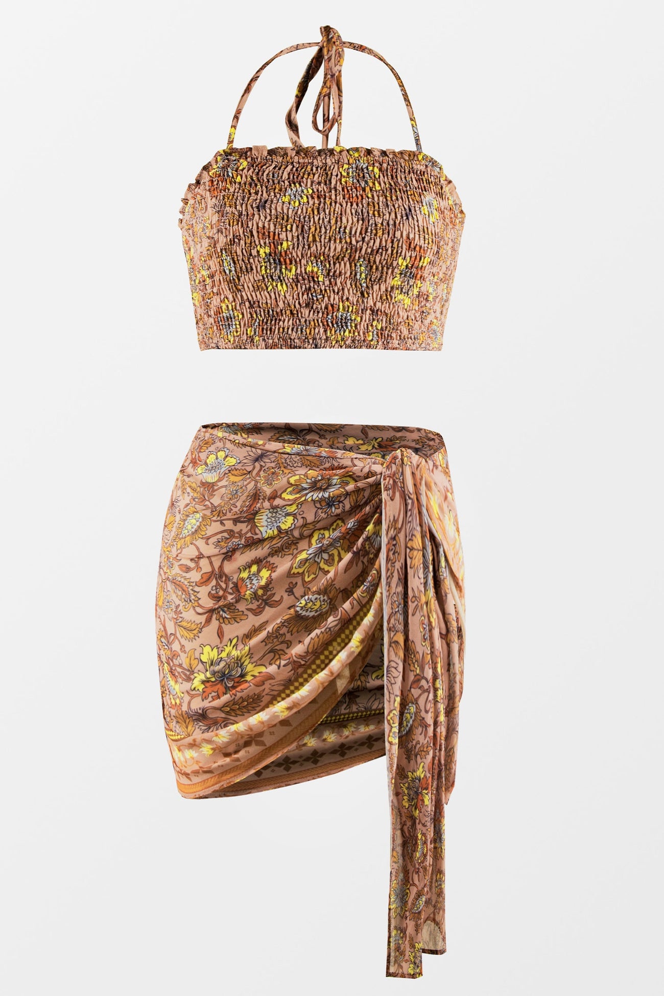 Vacation Paisley Print Smocked Crop Top & Sarong Set