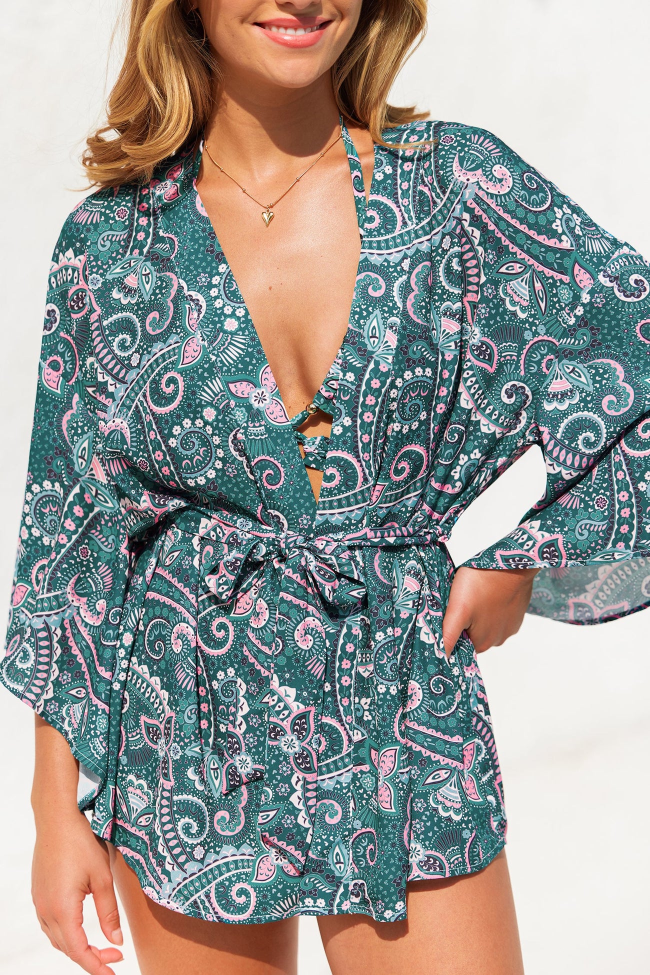 Belted Paisley Print Cover-Up Kimono