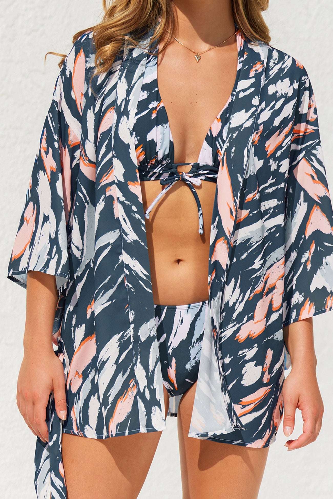 Multicolored Abstract Print Belted Cover-Up Kimono