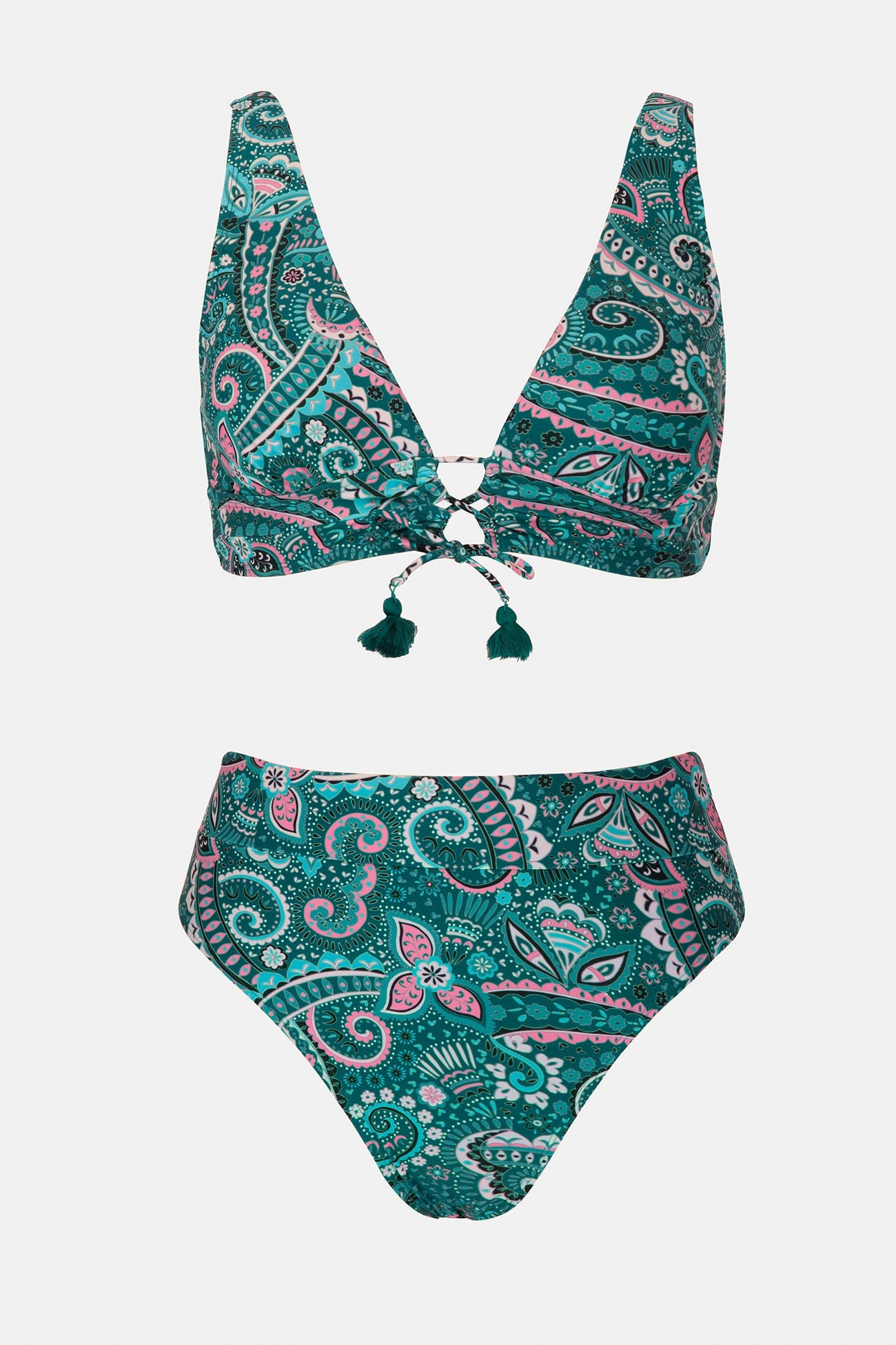 Spring Paisley Fringe Front Top & Banded High Waist Bikini Set