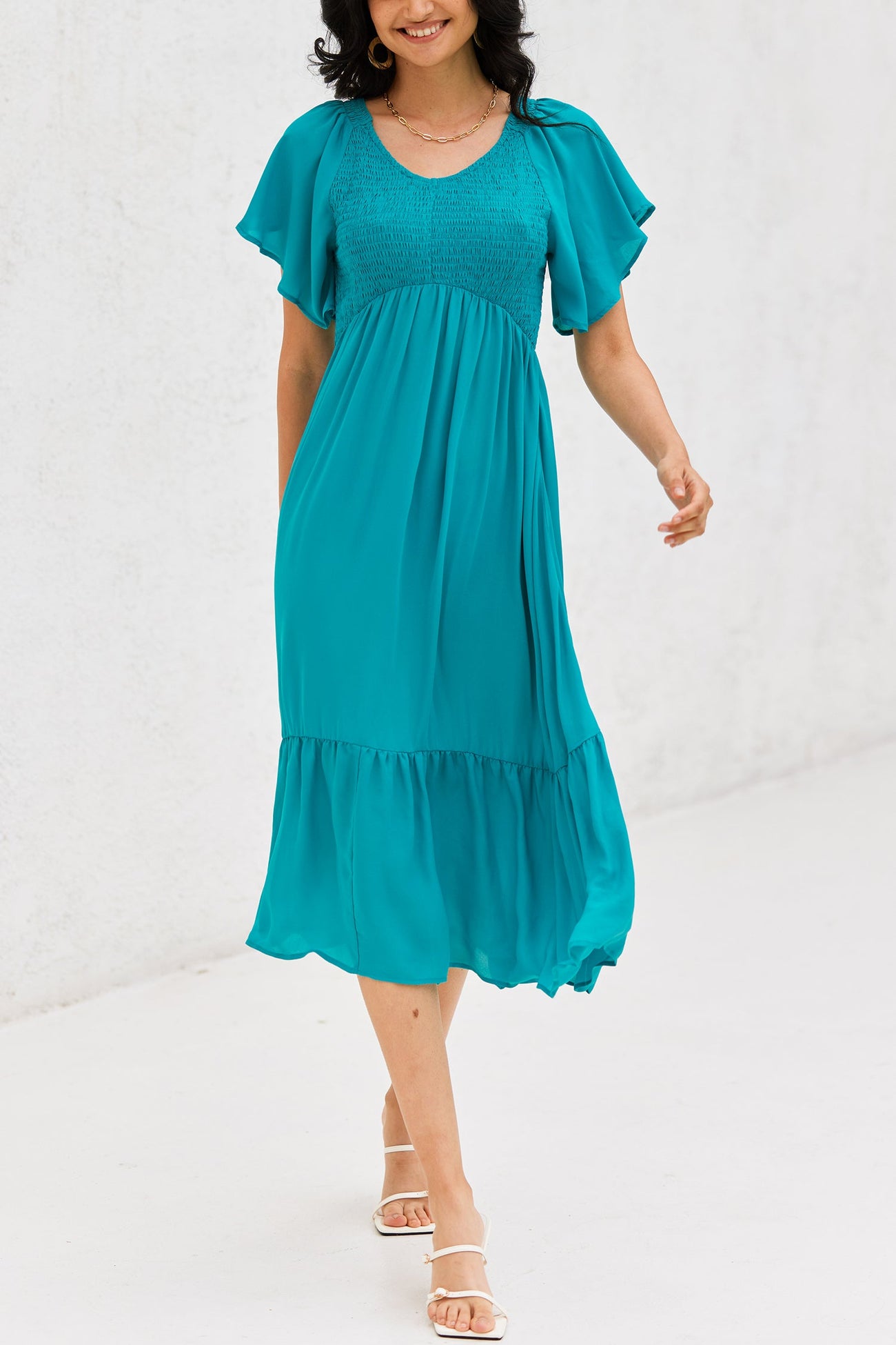 Ocean Blue Smocked Ruffled Dress