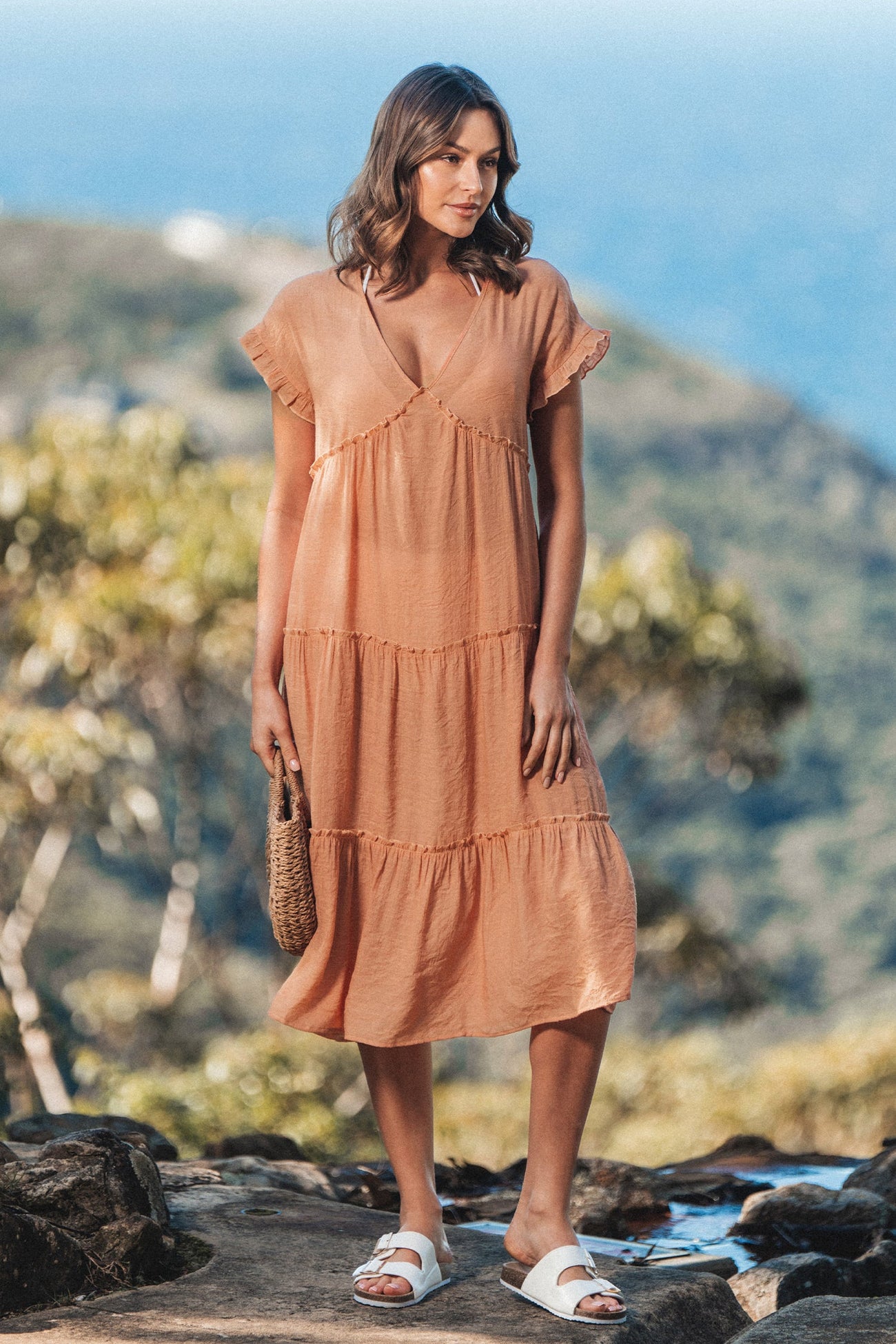 Ruffled V-Neck Midi Cover-Up Dress