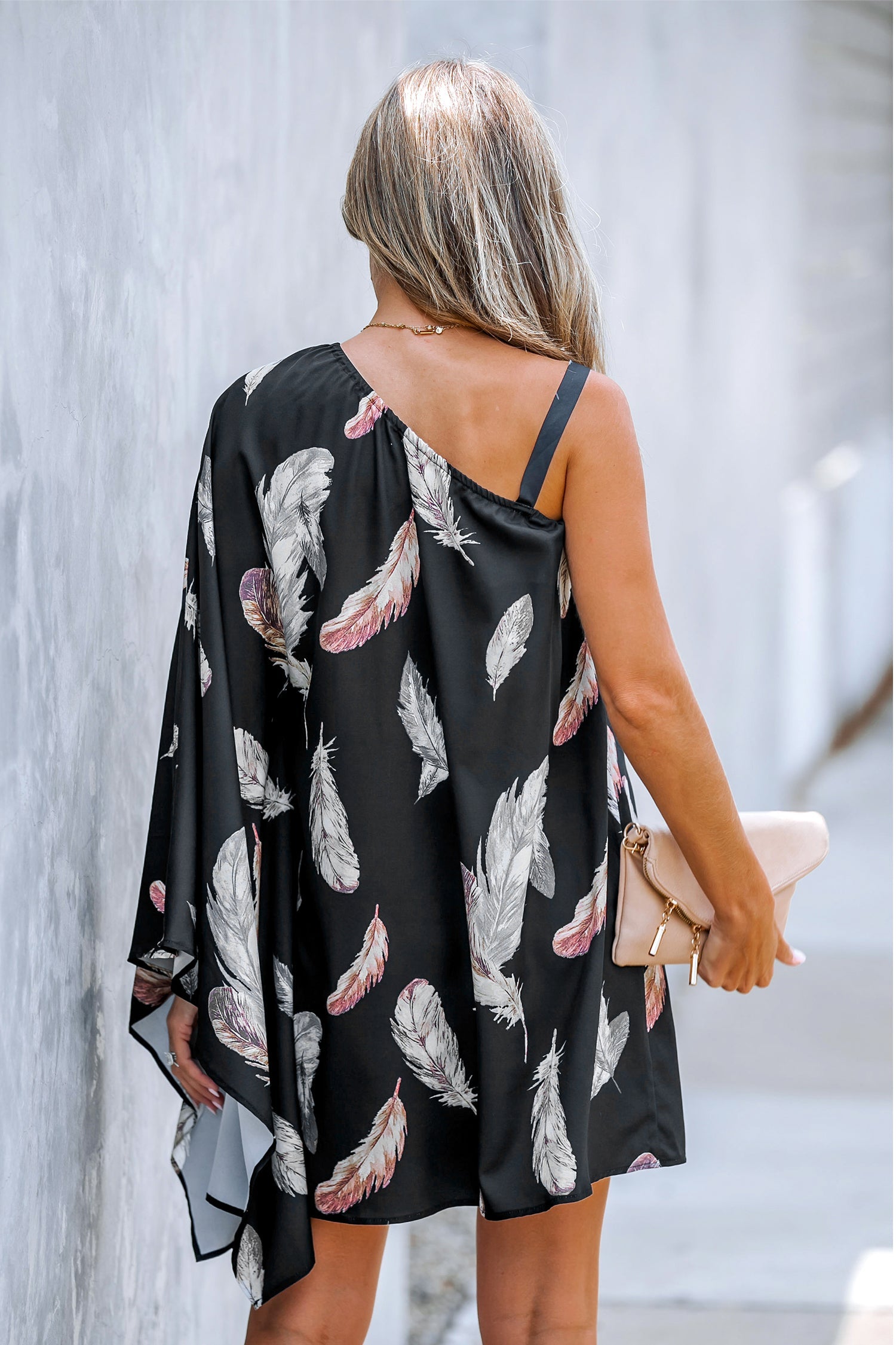 Feather Print One-Shoulder Mini Dress