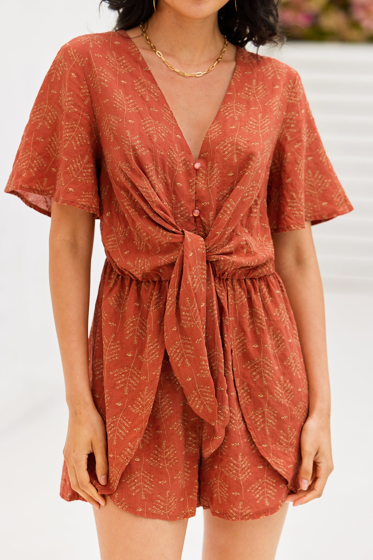 Abstract Leaf Print Tie Sash Romper