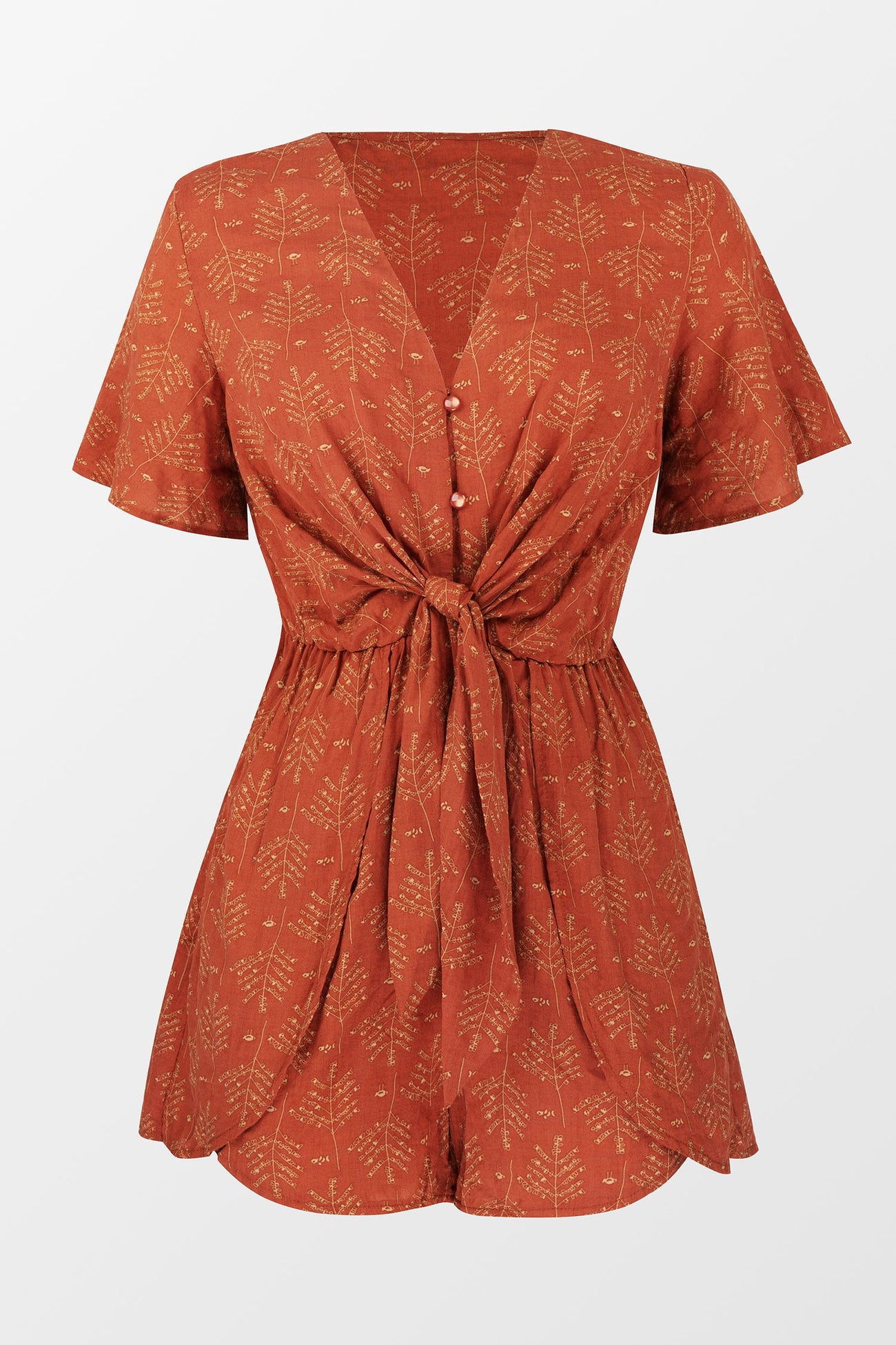 Abstract Leaf Print Tie Sash Romper