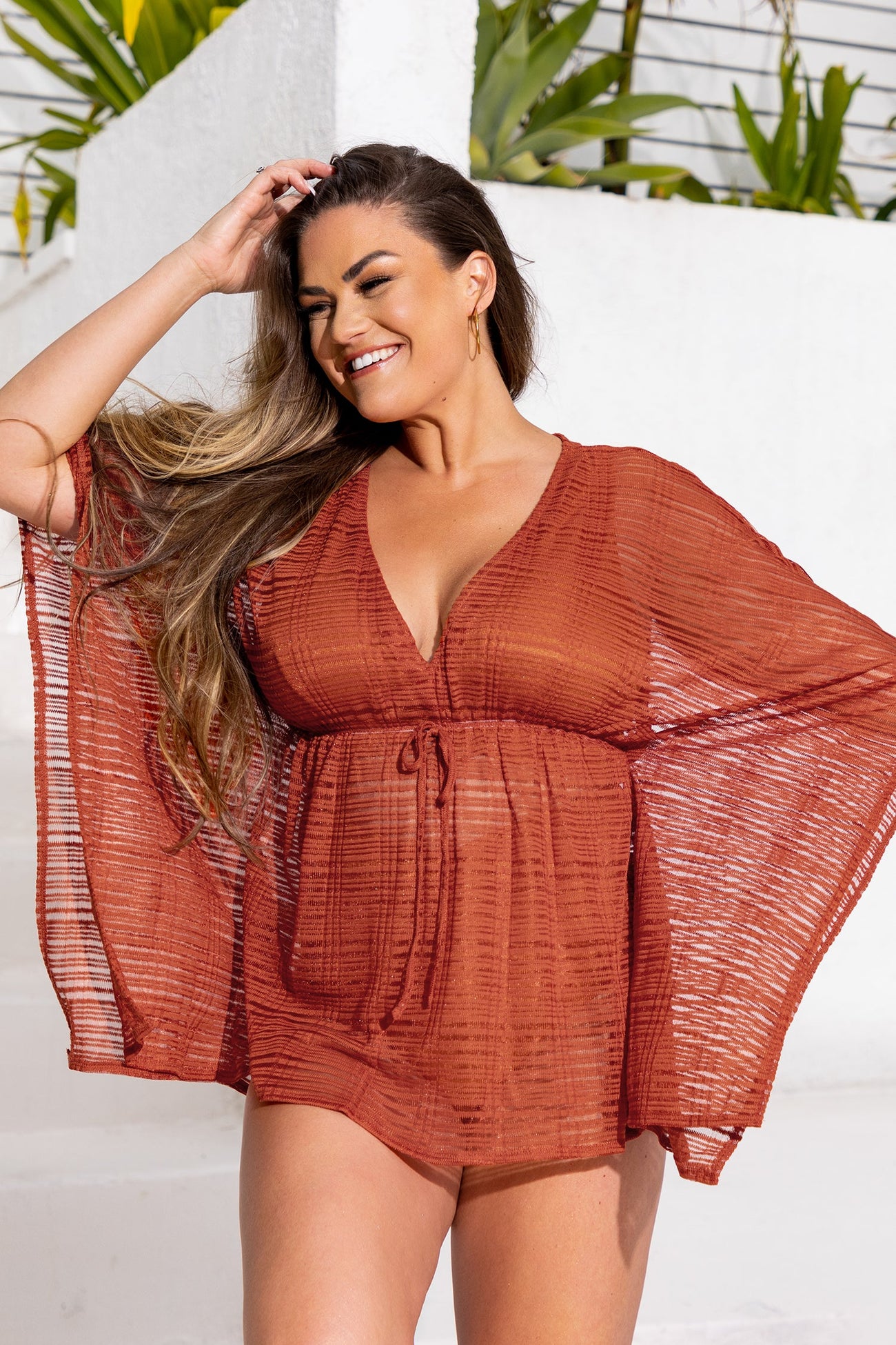 Striped Mesh Drawstring Cover-Up Dress