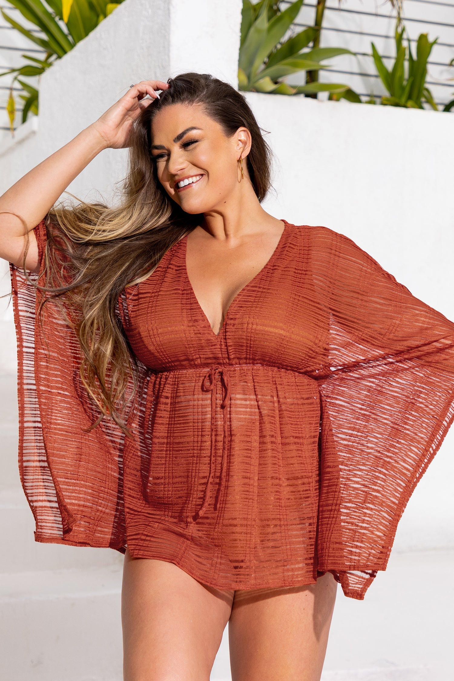 Striped Mesh Drawstring Cover-Up Dress