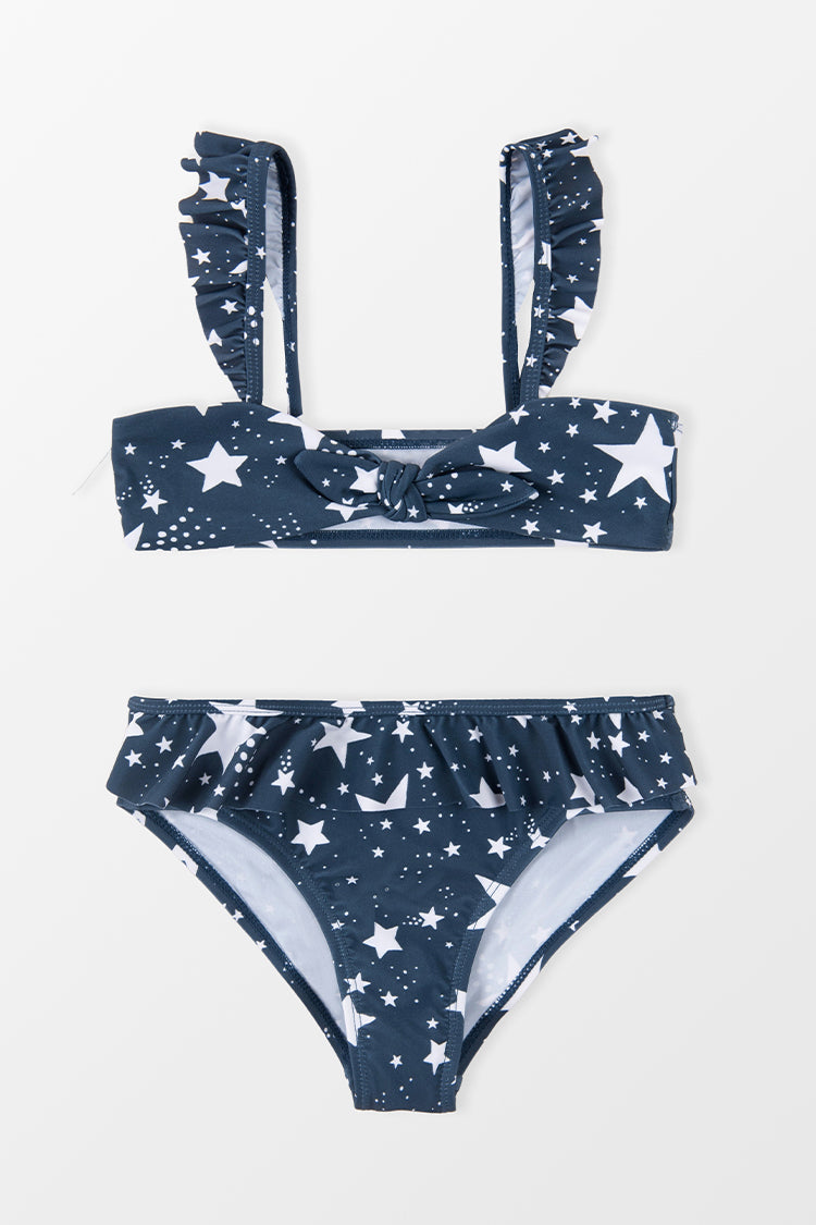 4th of July Starlight Faux Bunny Tie Bralette & Ruffled Hipster Bikini For Girls