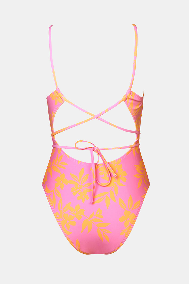 X STASSIE Tropical Plume Lace-Back One Piece Swimsuit