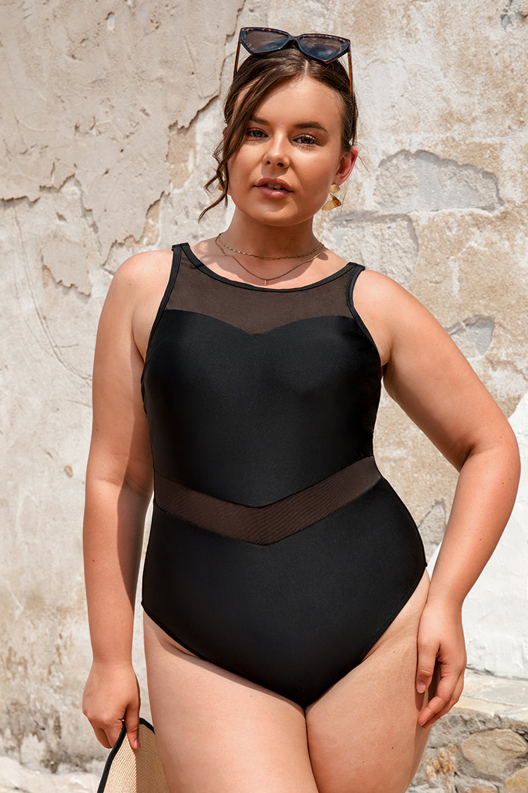 Palm Beach Nights Mesh High Neck Plus Size One Piece Swimsuit
