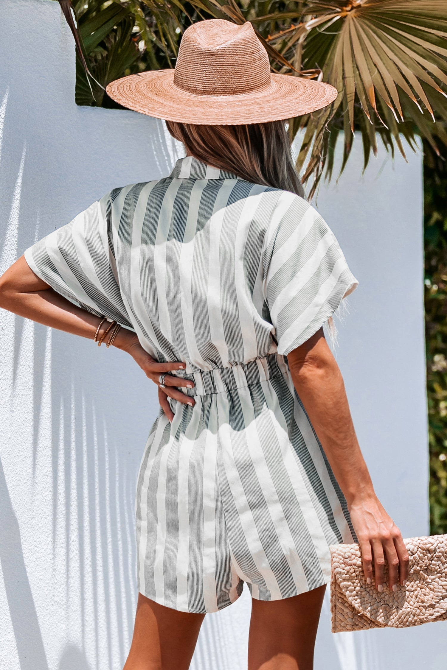 Striped Basic Collar Romper