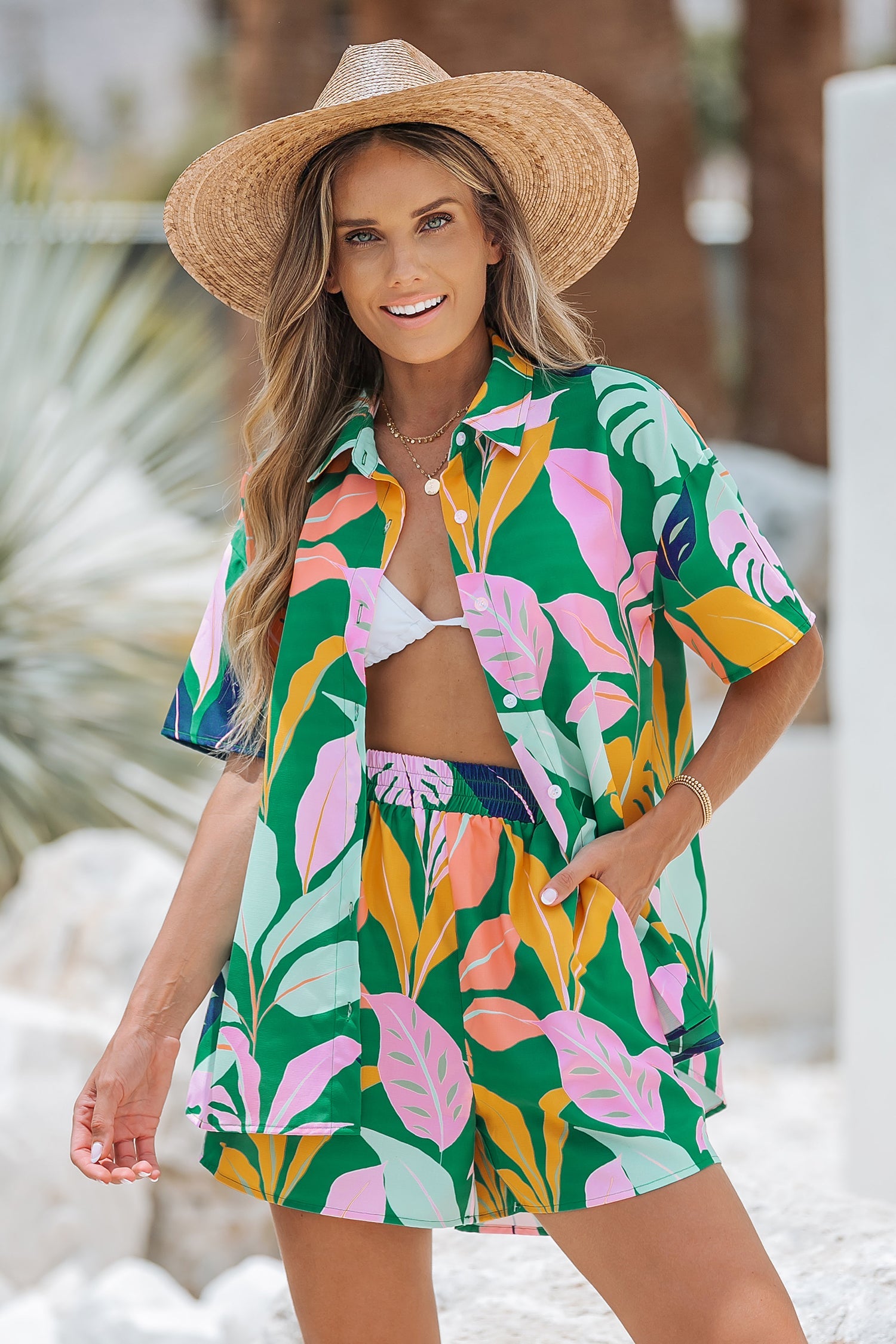 Tropical Leaf Print Drop-Sleeve Shirt