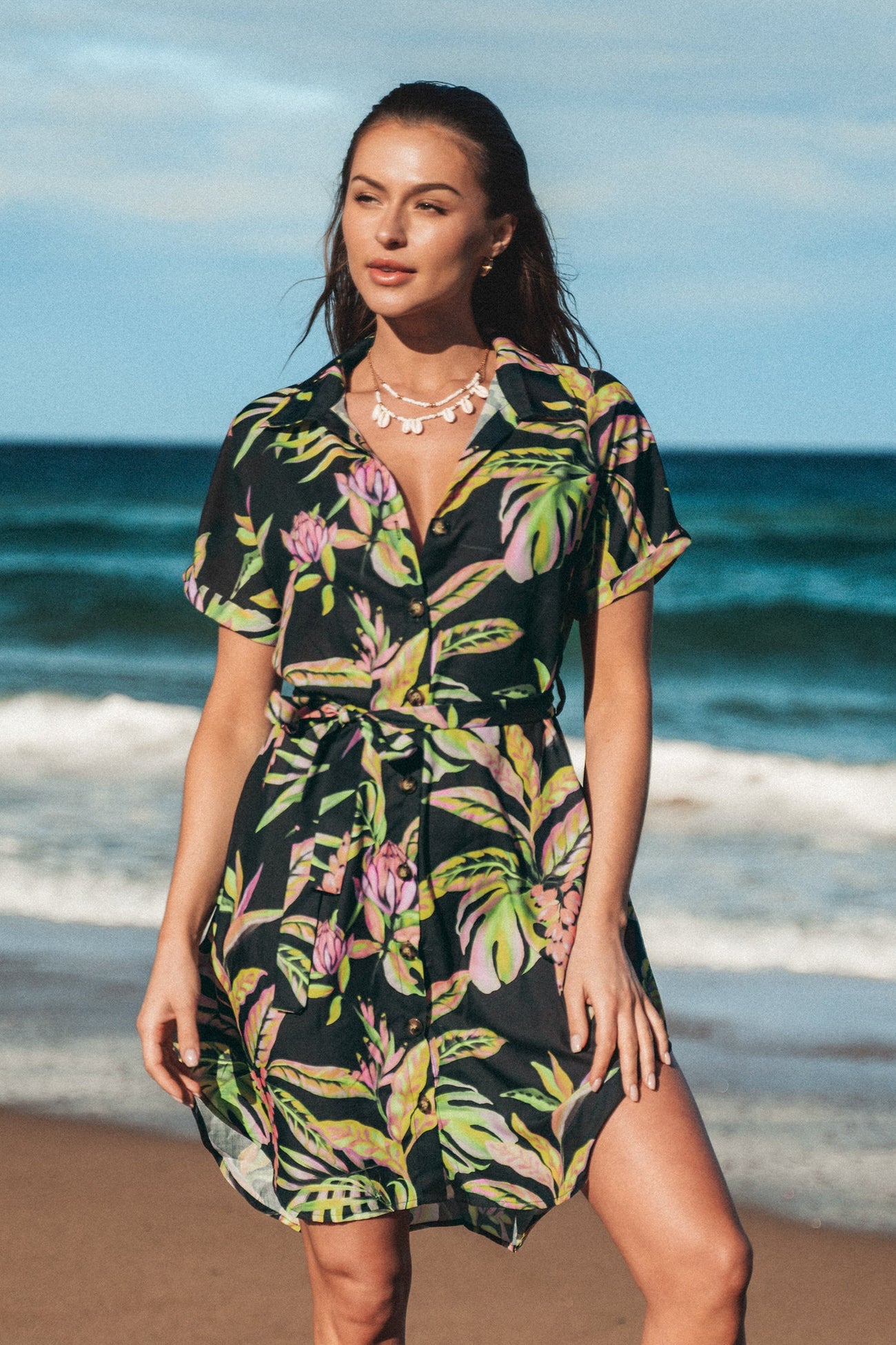 Tropical Leaf Shirt Collar Dress