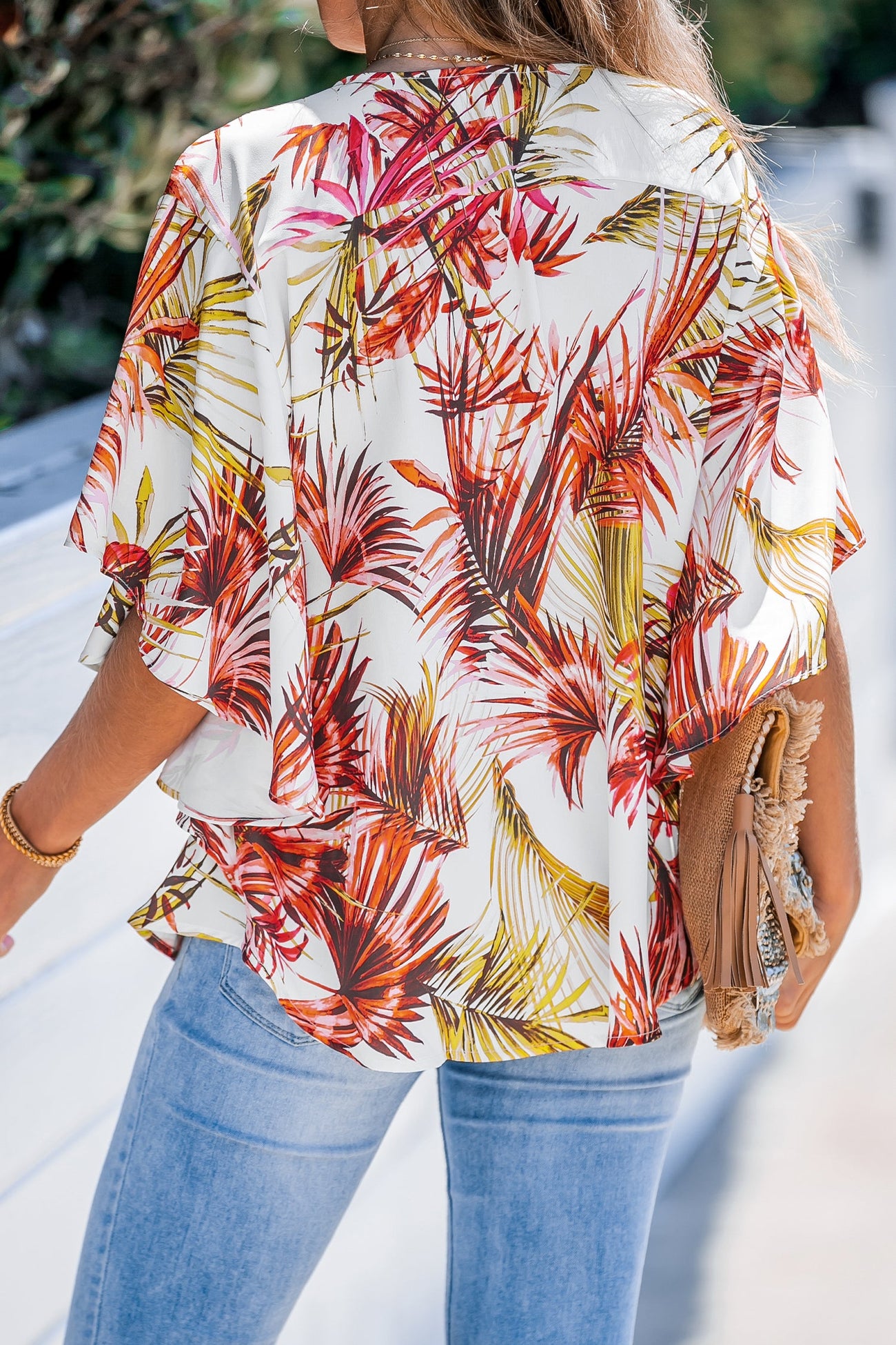 Tropical Leaf Print Dolman Sleeve Shirt